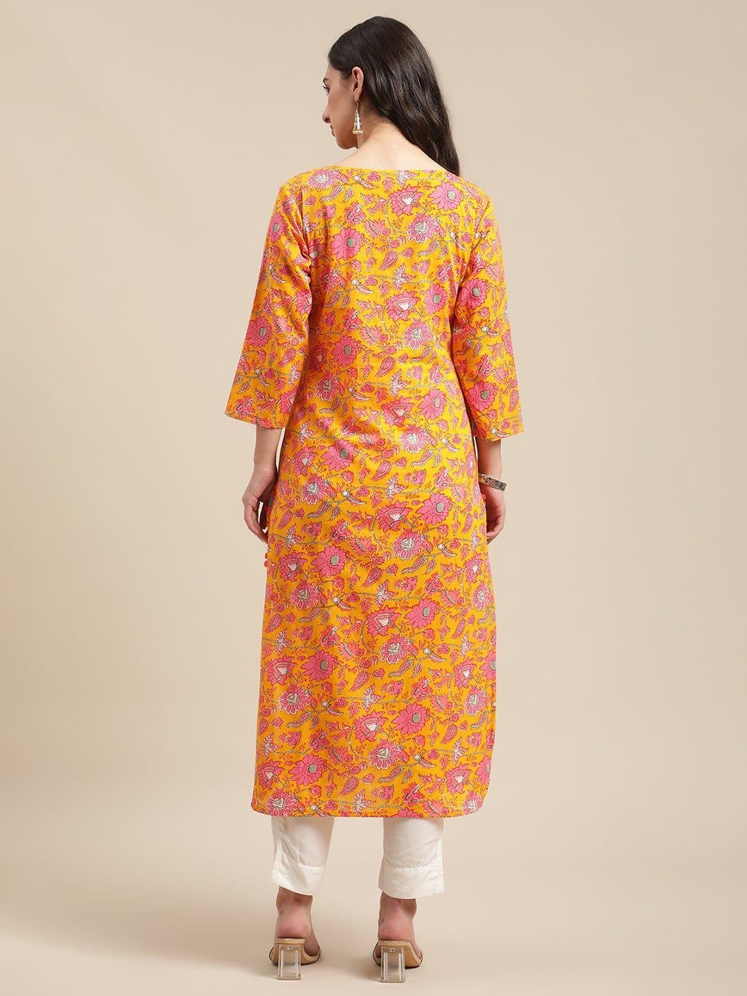 Mustard Floral Printed Kurta With Pom Pom Lace Embellishments On Hemlines - Indiakreations