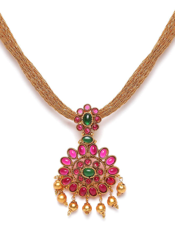 Women's Gold-Plated Pink & Green Stone-Studded & Beaded Handcrafted Jewellery Set - Jazz and Sizzle - Indiakreations