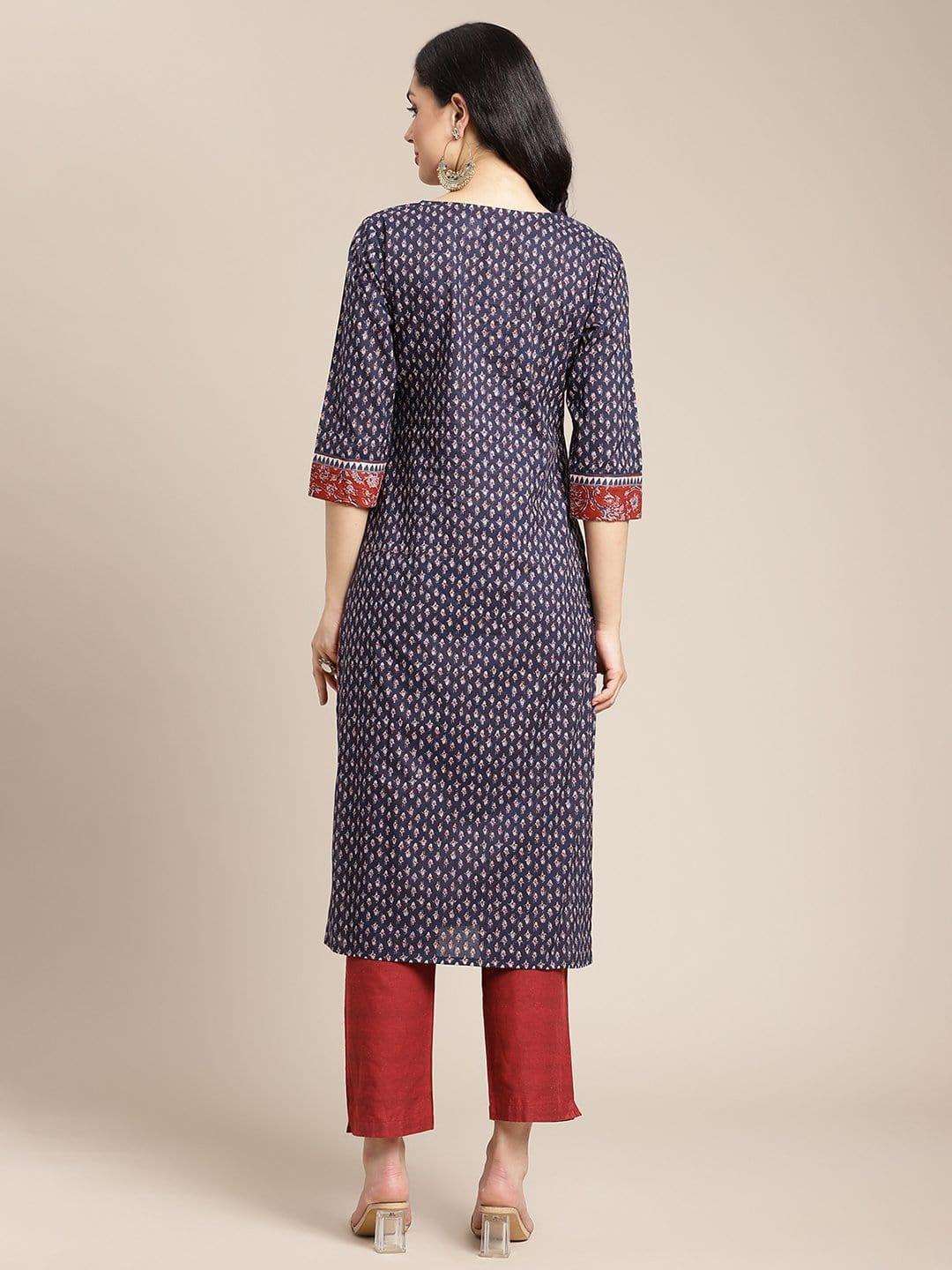 Blue Round Neck Kurta With Contrast Yoke Design And 3/4Th Sleeves - Indiakreations