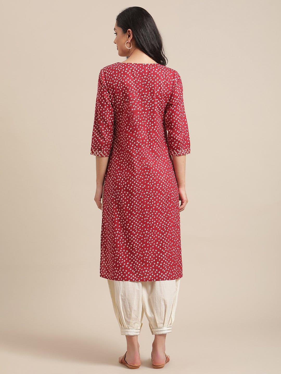 Red Bandhej Kurta With Gota Embellished Placket And 3/4Th Sleeves - Indiakreations