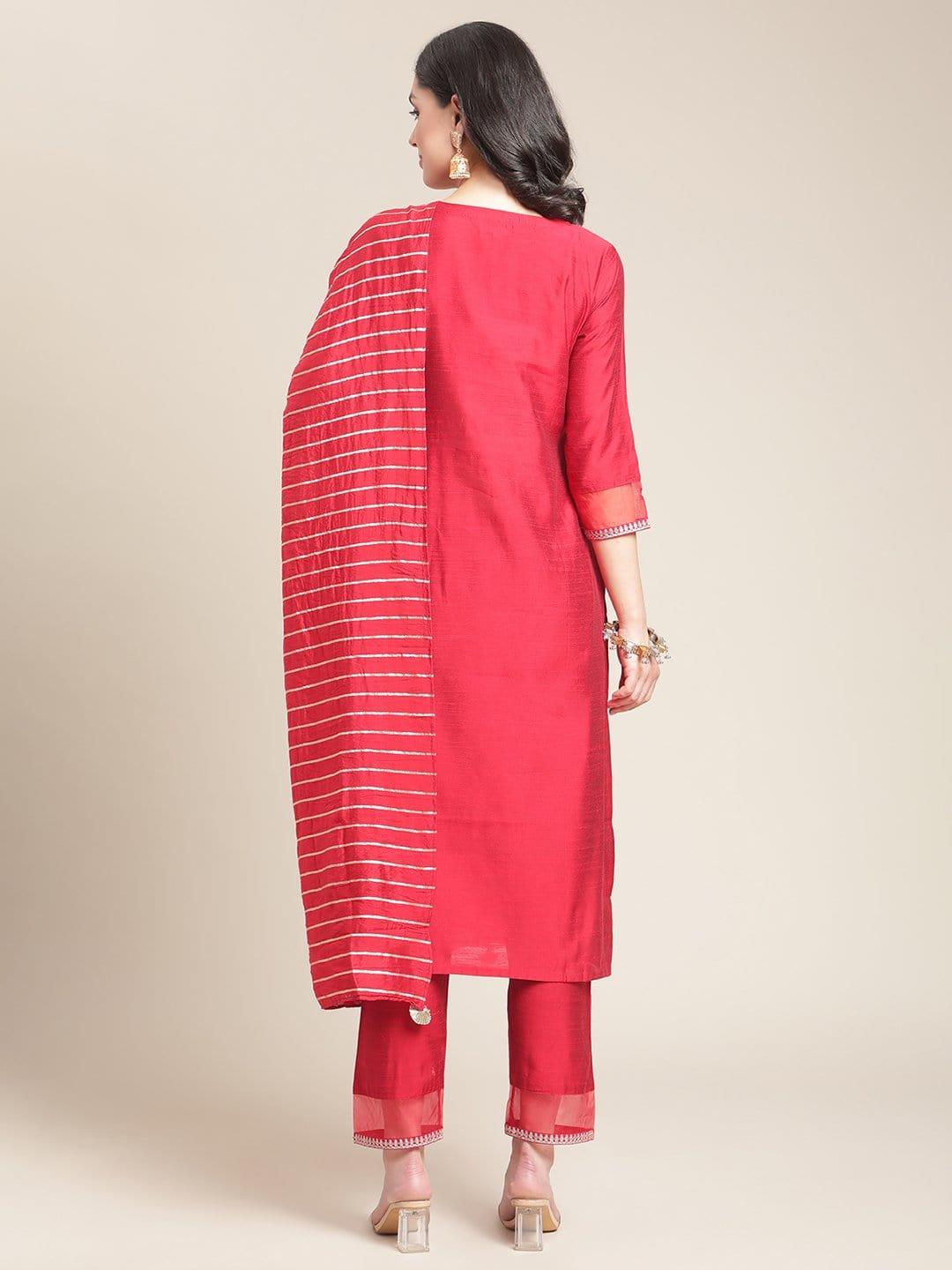 Red Sequins Embroidery Kurta Set With Red And Golden Silk Dupatta - Indiakreations