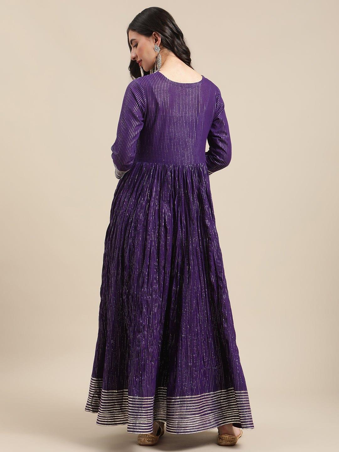 Purple Silver Lurex Anarkali With Heavy Gota Embellishment On Yoke And Hemline - Indiakreations