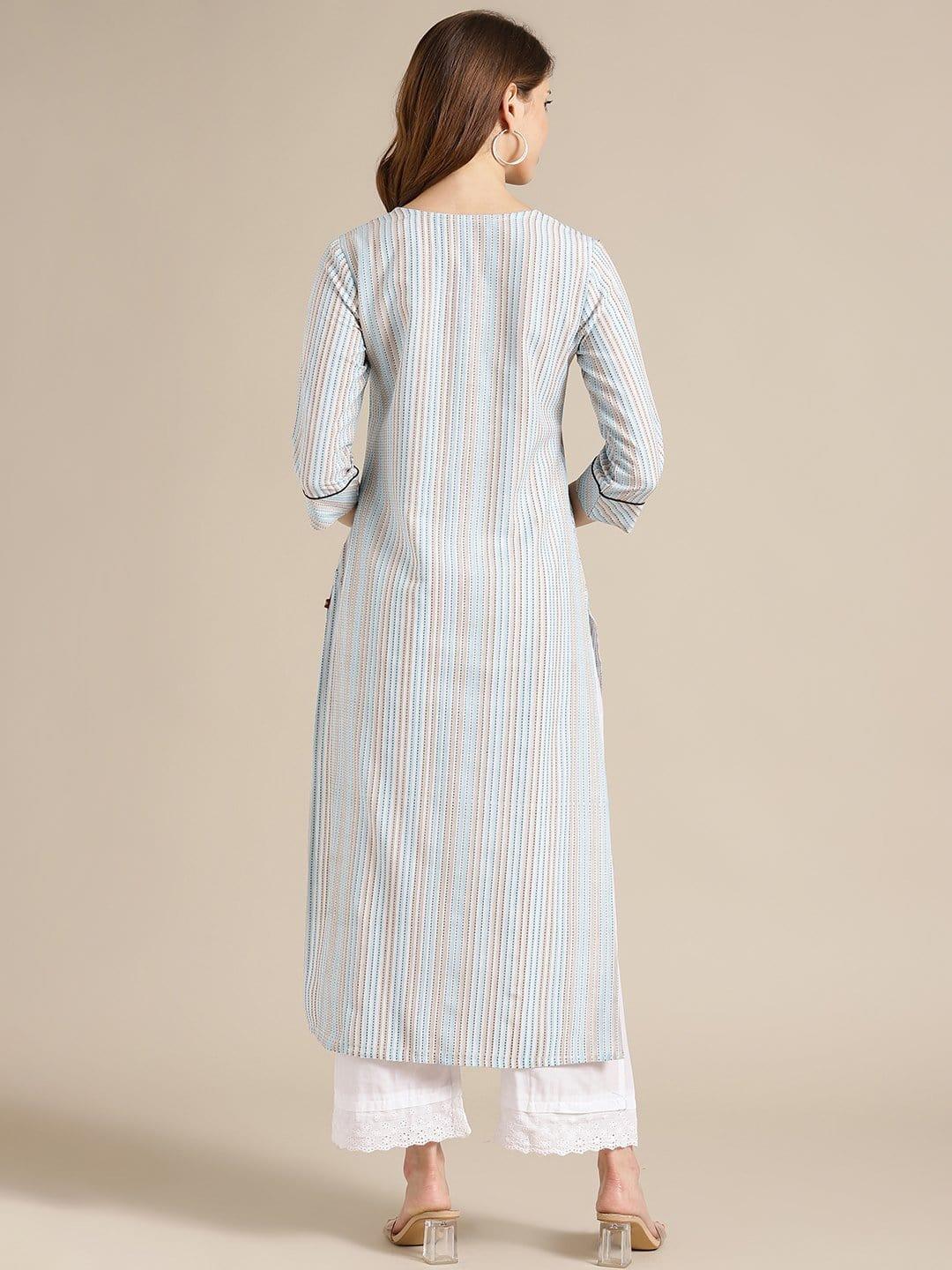 KSUT Blue And Off White Stripe Woven Kurta With Cord Pipen Detailing On Yoke And Sleeves - Indiakreations