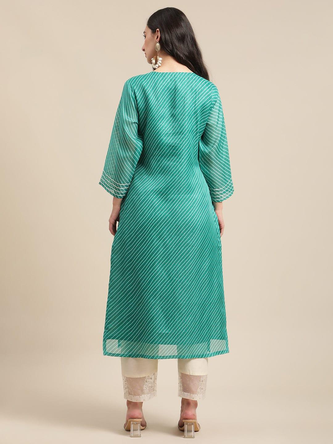 Turquoise Blue Yoke Embroidered Straight Leheriya Kurta - Indiakreations