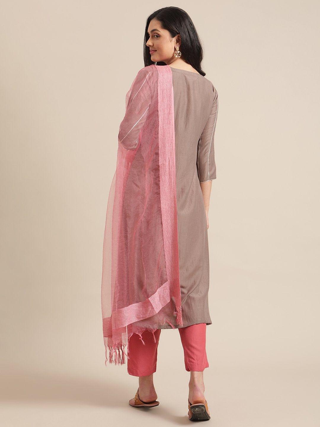 Beige And Pink Colour Thread Embroidred Flared Kurta With Straight Pant And Regular Sleeves And Paired With Contrast Dupatta - Indiakreations