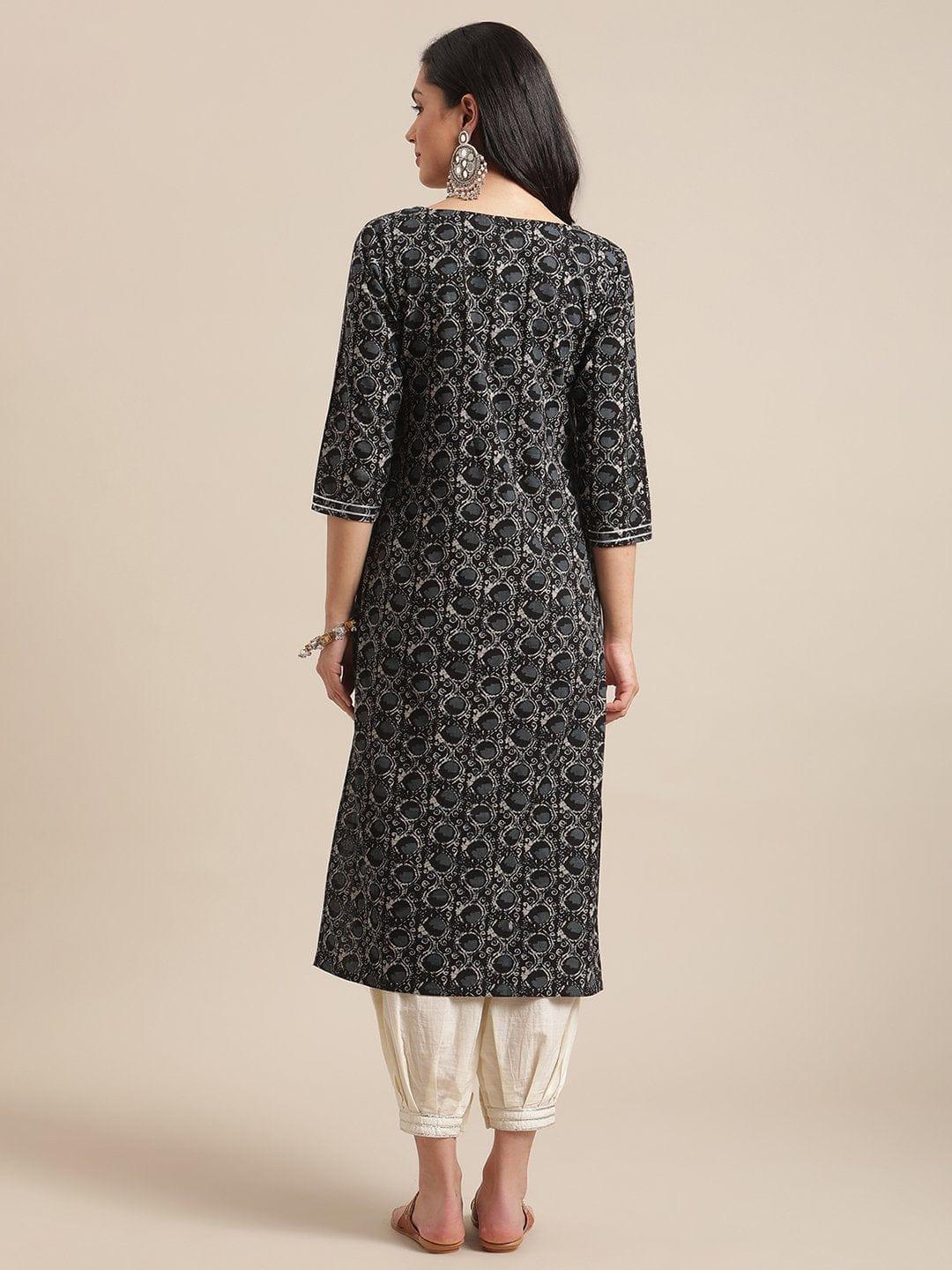 Black And Beige Abstract Printed Kurta With Gota Embellishment On Yoke - Indiakreations