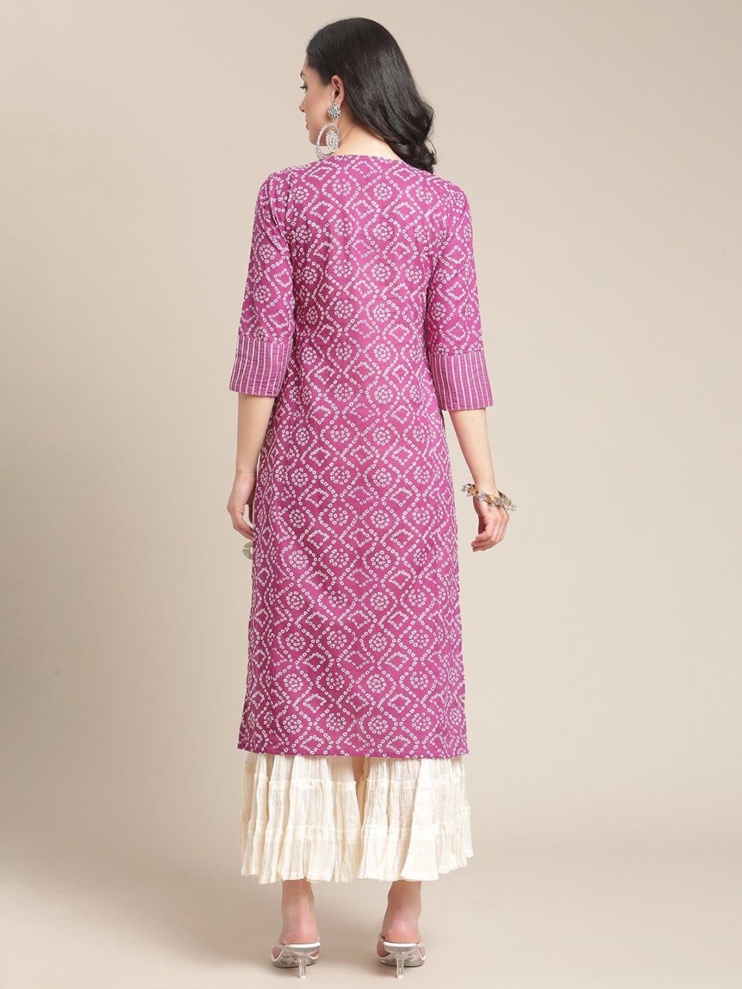 Mauve And Off White Bandhej Printed Kurta With Sequins And Gota Work Embellishment On Yoke - Indiakreations