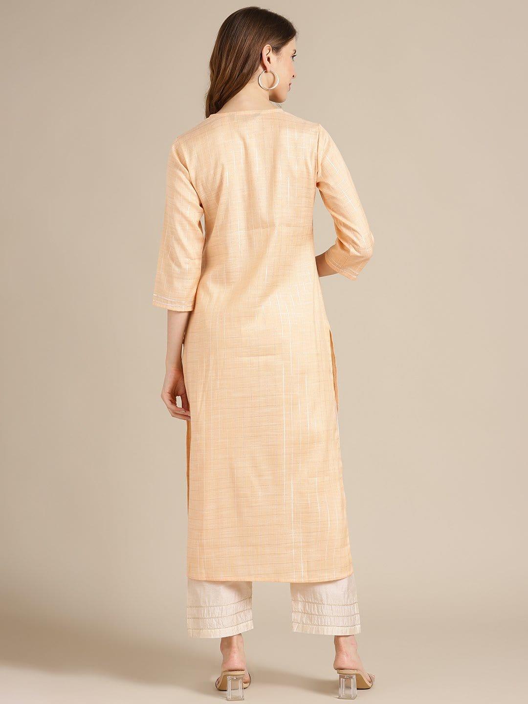 KSUT Peach And Silver Gota Work Straight Kurta With 3/4Th Sleeves - Indiakreations