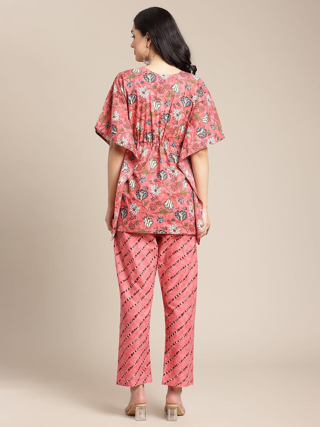 Peach And Blue Floral Printed Kaftan With Straight Pants - Indiakreations