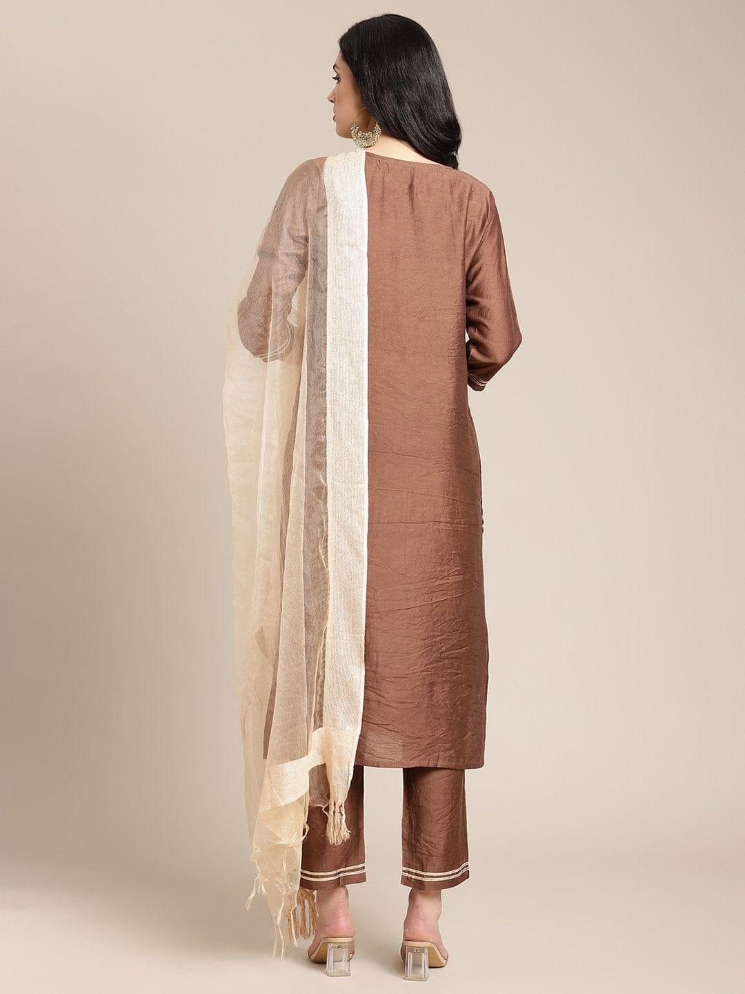 Batik Printed Brown And Beige Kurta With Yoke Highlighted And Paired With Straight Pant And Dupatta - Indiakreations