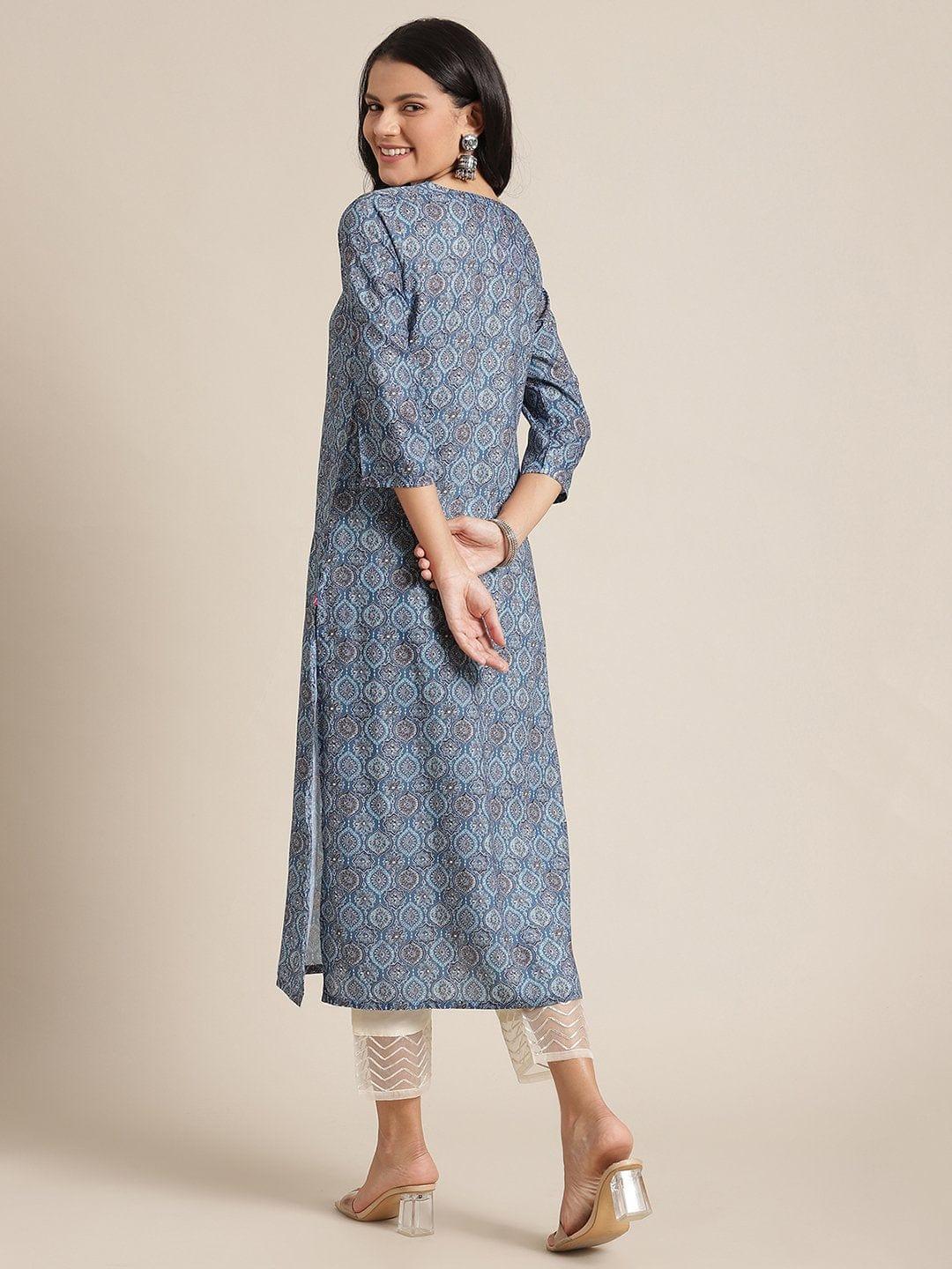 Blue Printed Kurta With Gota Embellishment On Yoke And 3/4Th Sleeves - Indiakreations