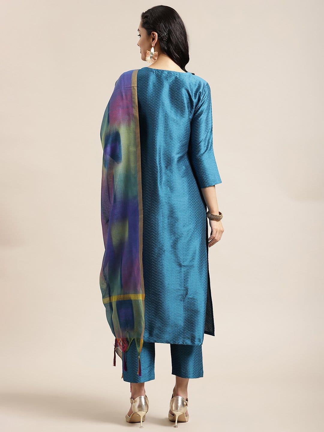 Teal Zari Embroidery Kurta Trouser Set With Silk Woven Dupatta - Indiakreations