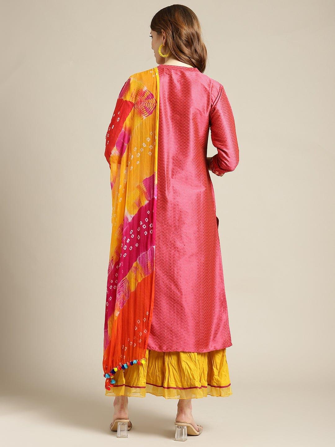 KSUT Coral Red & Mustard Yellow Ethnic Motifs Embroidered Kurta Set With Dupatta - Indiakreations