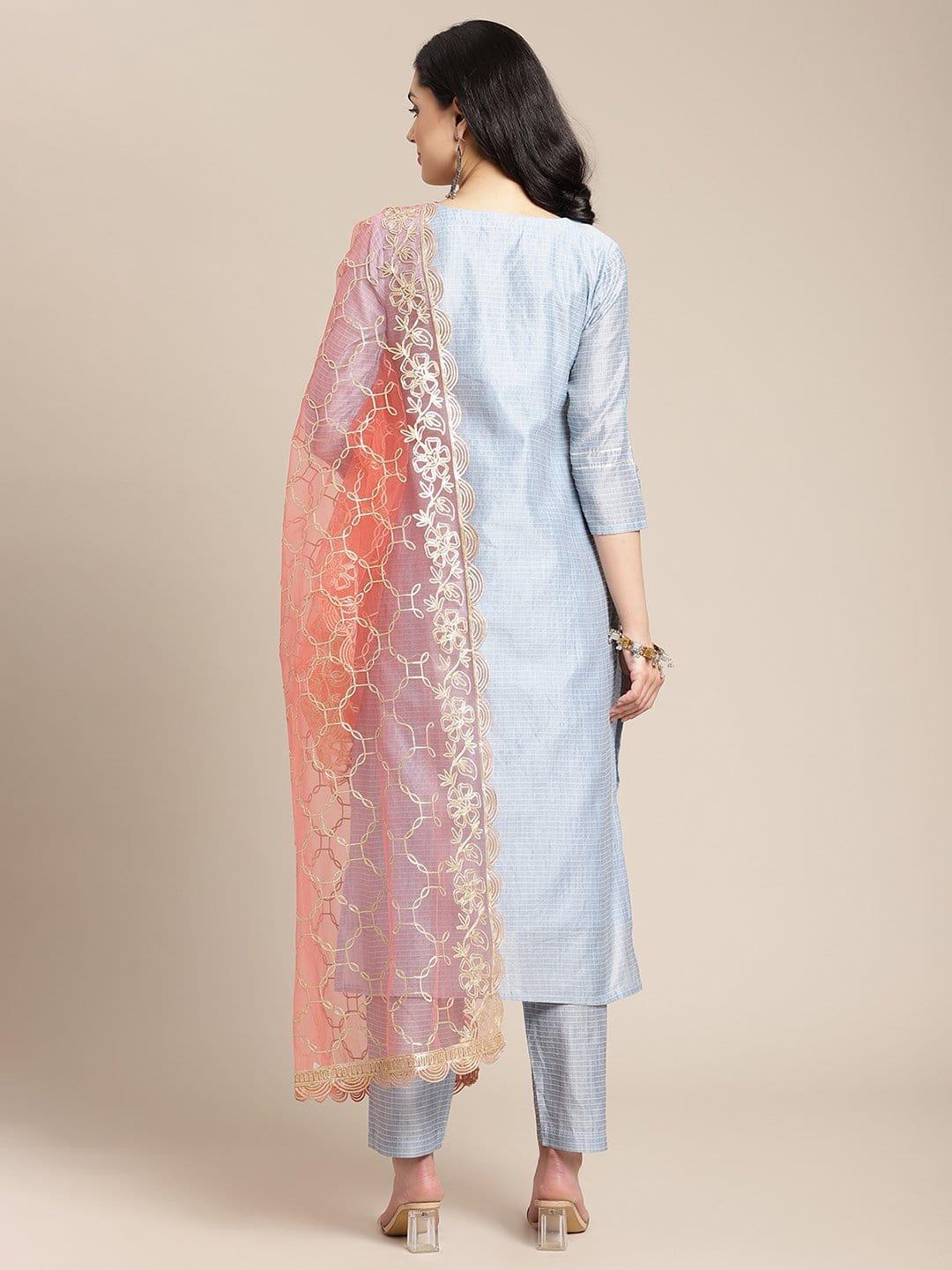 Powder Blue Zari Embroidery Kurta Trouser Set With Peach Heavy Gota Work Dupatta - Indiakreations