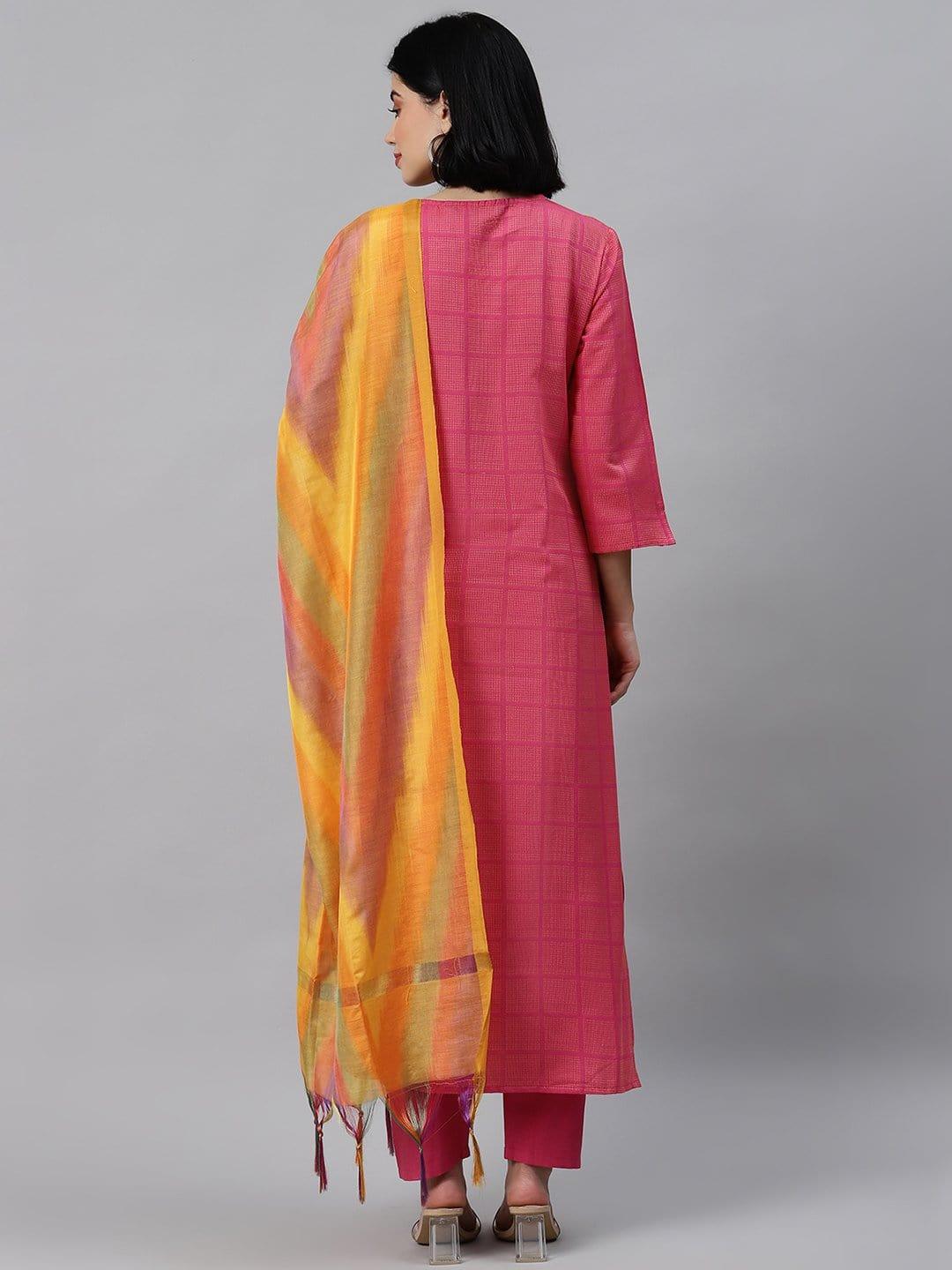 Pink And Mustard Kantha Work Woven Kurta Trouser With Multi Color Silk Dupatta - Indiakreations