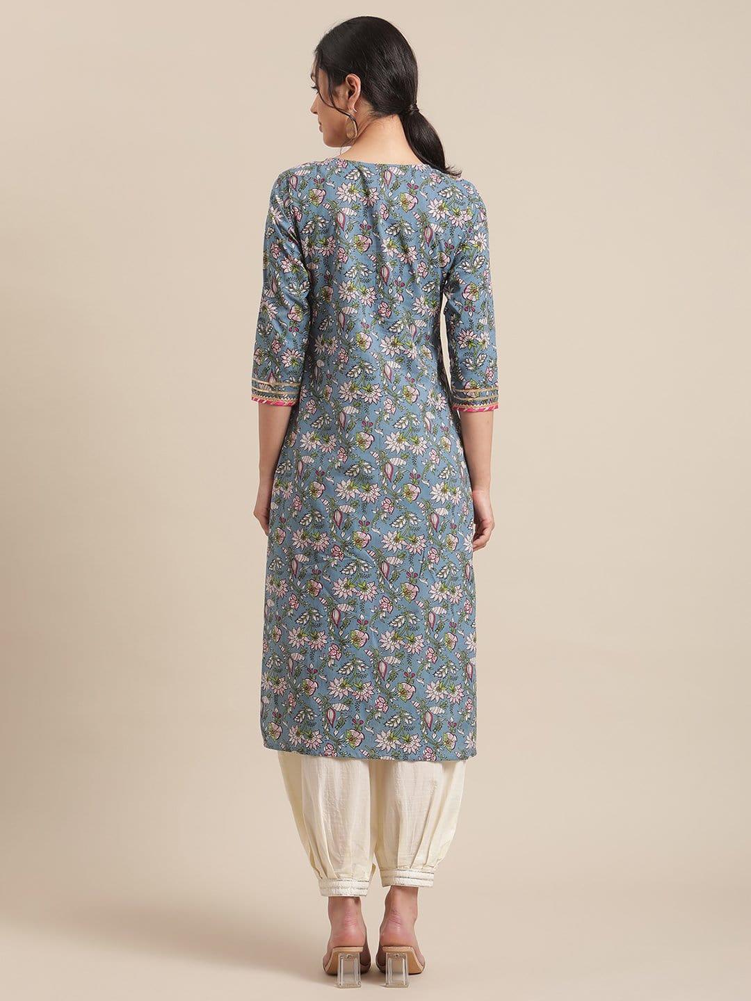 Blue And Green Floral Printed Gota Work Straight Kurta With 3/4Th Sleeves - Indiakreations