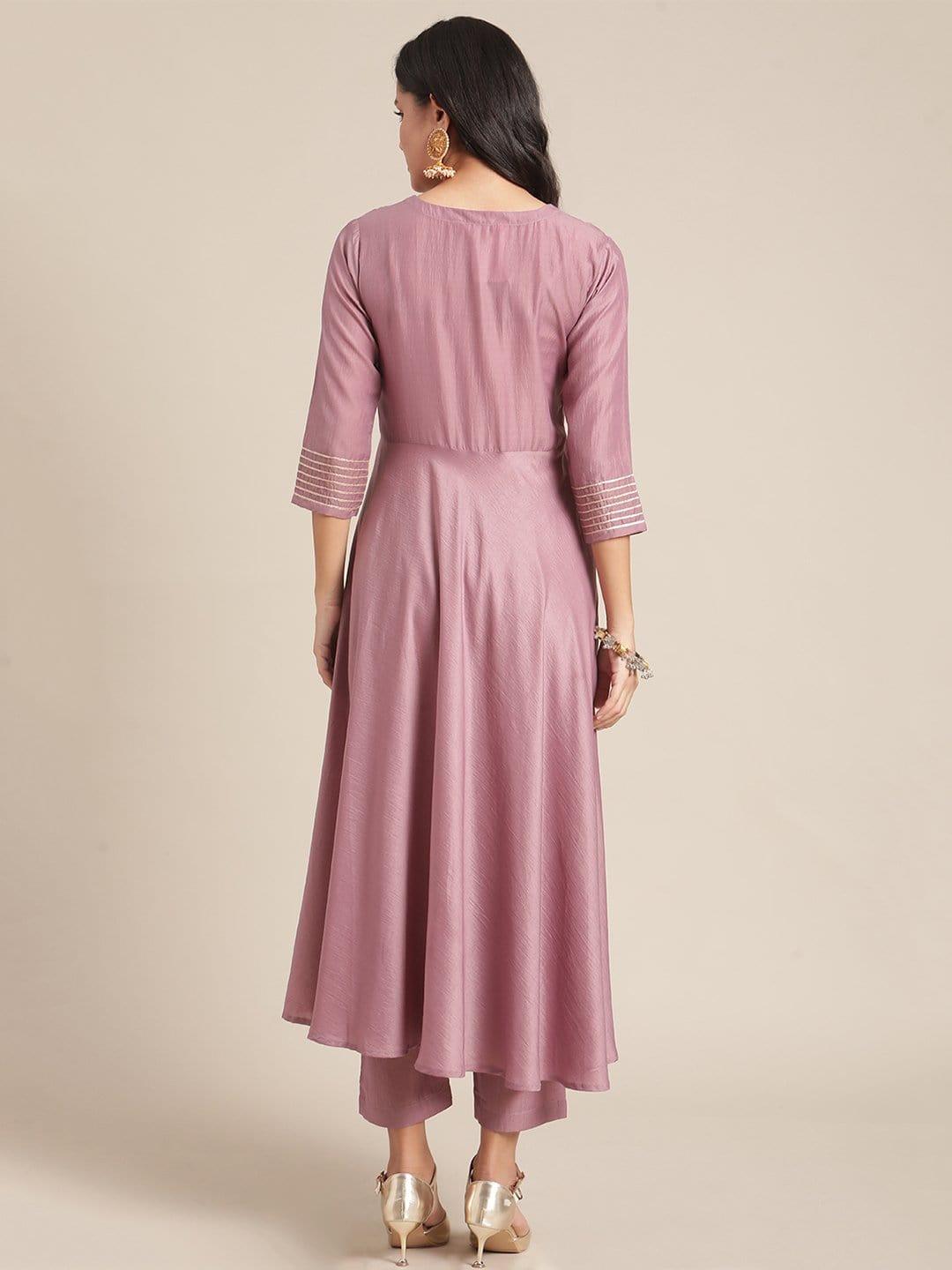 Mauve Flared Anarkali Kurta And Embellished With Brocade And Gota Patch And Paired With Trouser - Indiakreations