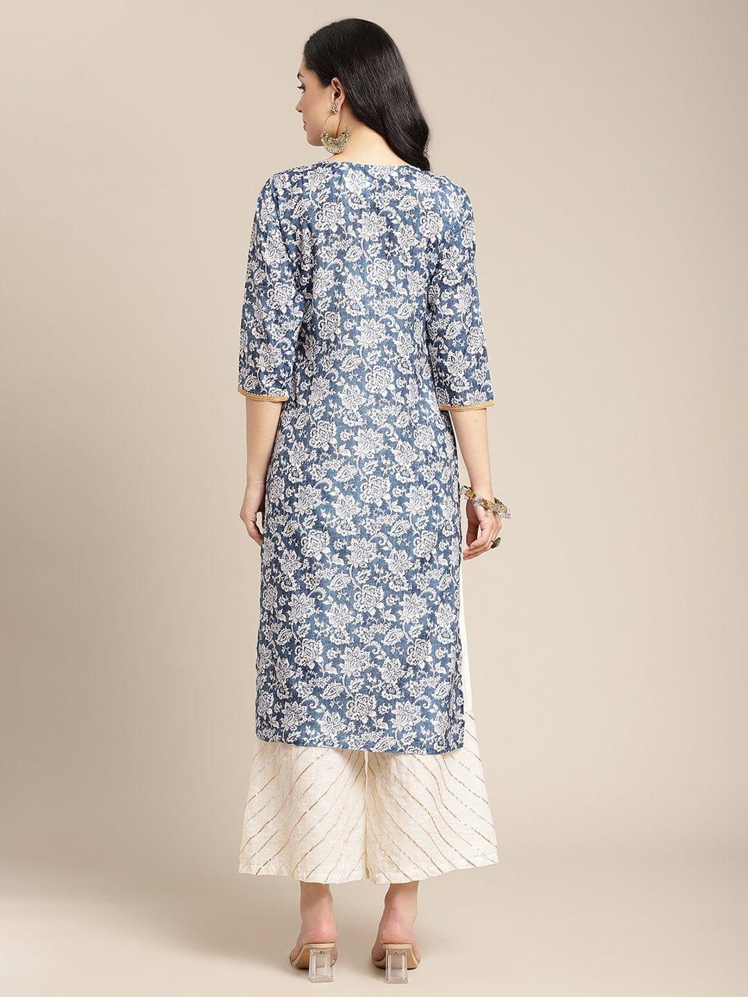 Blue And Off White Floral Printed Kurta With Lace Embellishment On Yoke - Indiakreations