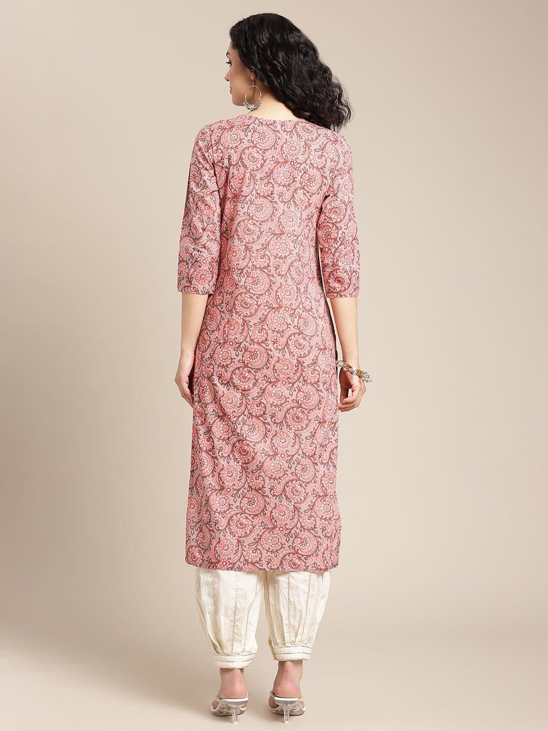 Peach And Grey Floral Printed Kurta With Round Neckline And Having Gota Work - Indiakreations