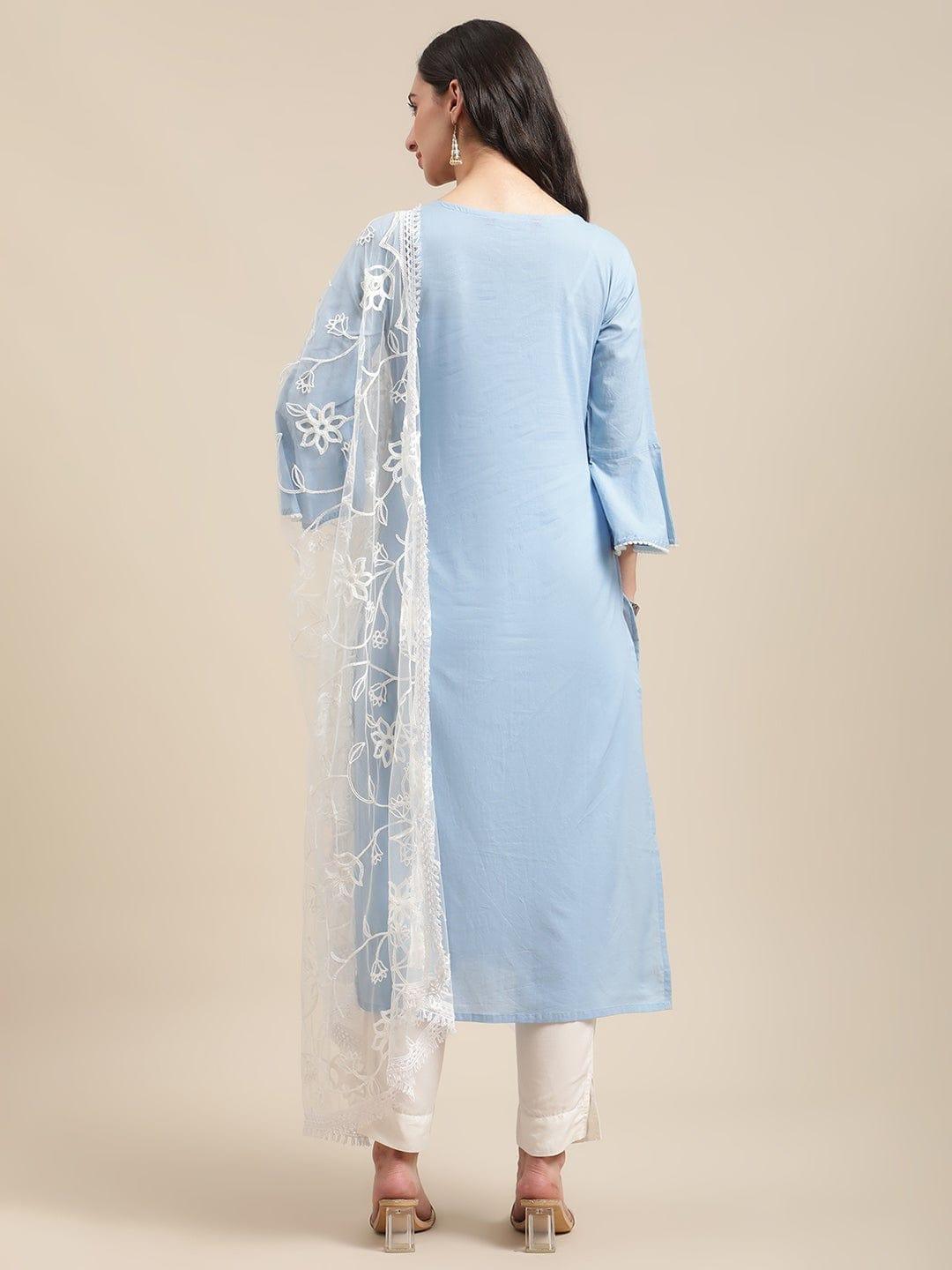 Blue Yoke Embroidered Kurta Set With Aari Embroidered Dupatta - Indiakreations