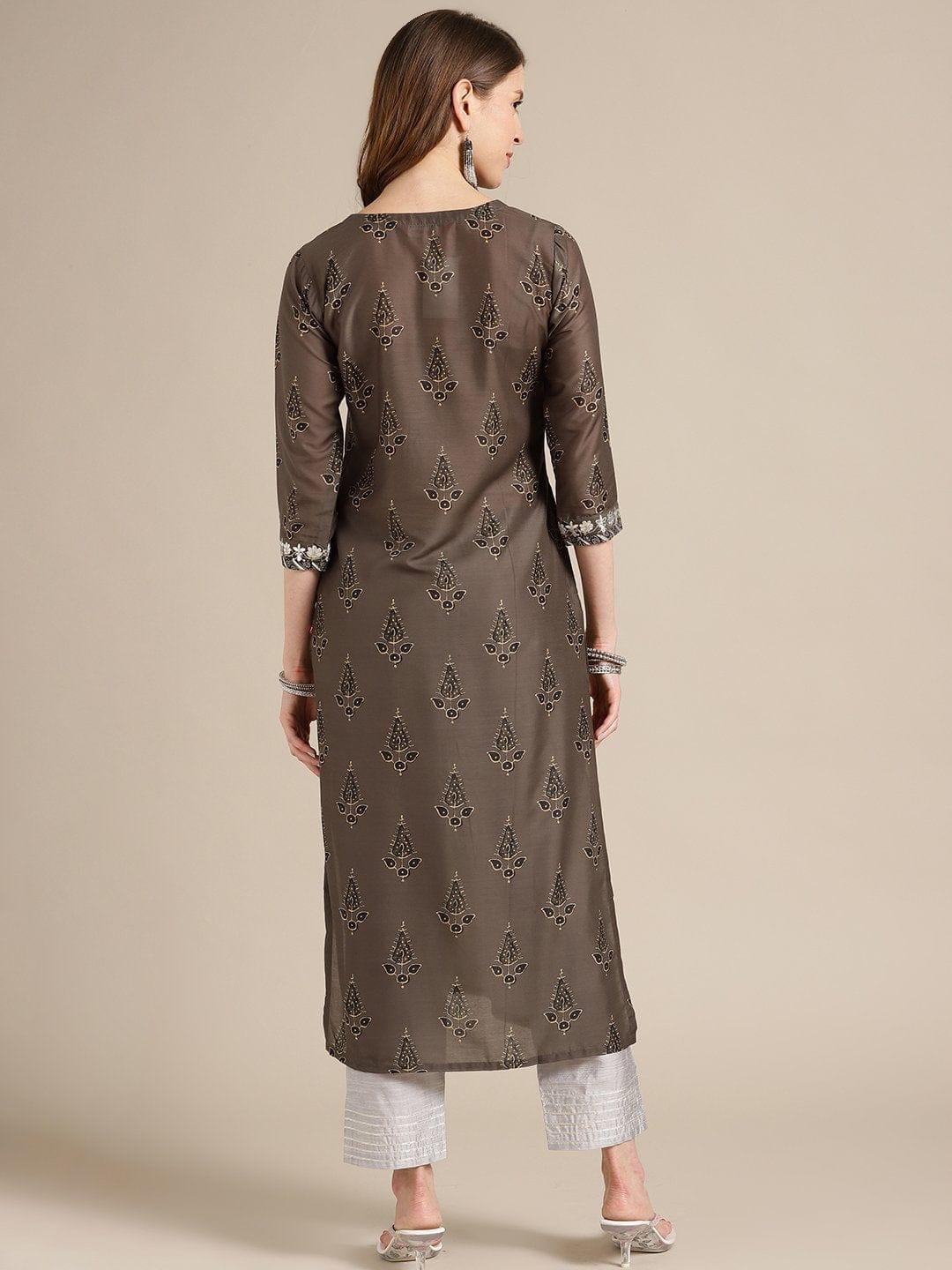 Olive Printed Kurta With Gota Embellishment On Yoke - Indiakreations