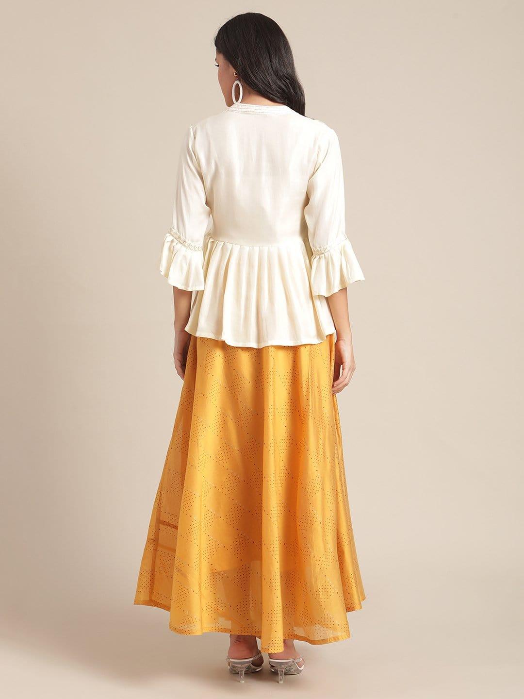 Cream Embellished Peplum Top With Mustard Printed Flared Skirt - Indiakreations