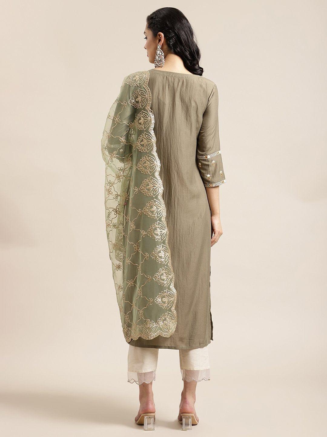 Olive Round Neck Kurta With Yoke And Sleeve Embroidery And Paired With Off-White Trouser Having Organza Scalloped Hem And Heavy Gota Embroidered Dupatta - Indiakreations