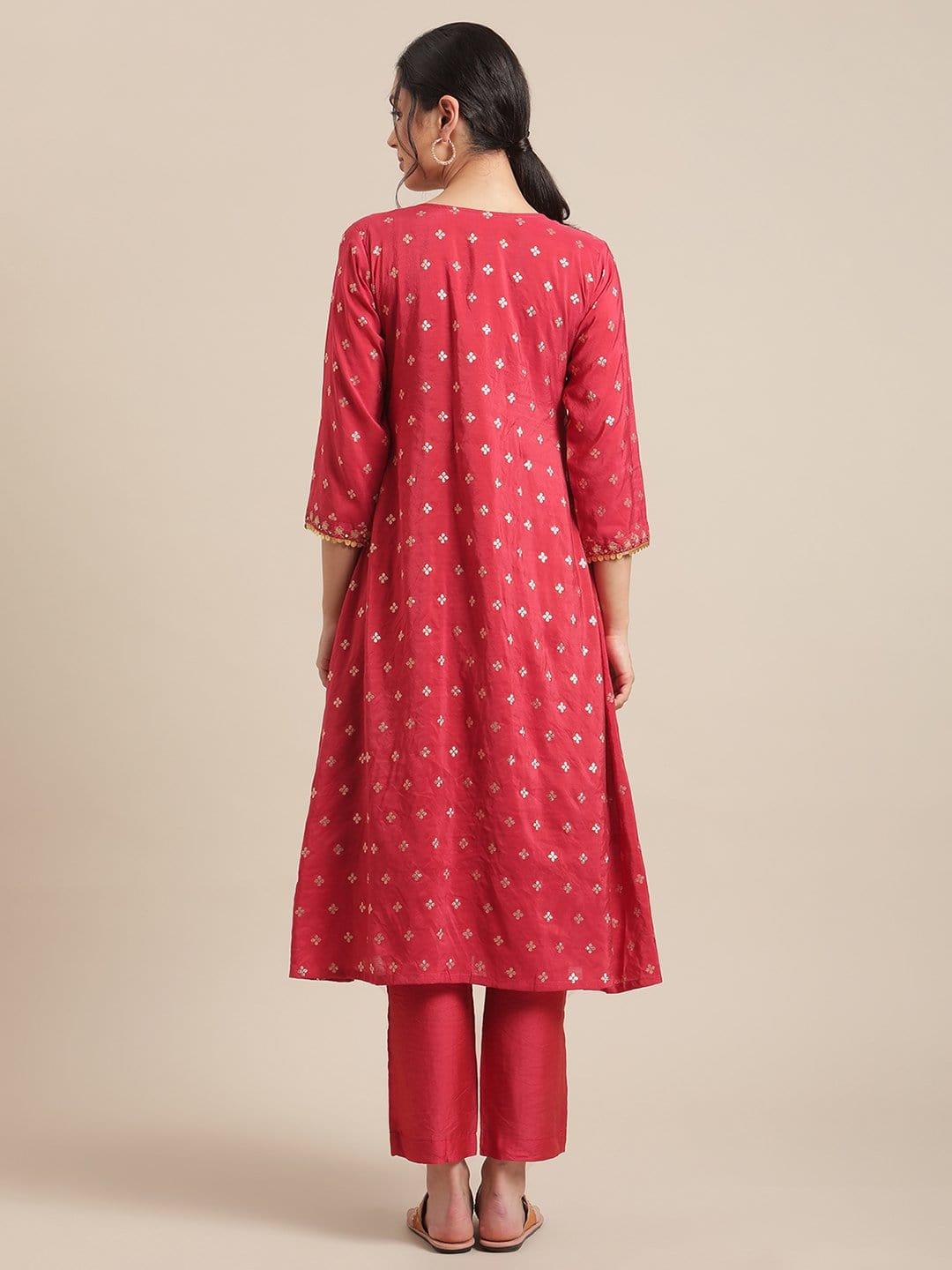 Red Jacquard Flared Kurta With Embroidered Yoke And Regular Sleeve, Kurta Paired With Straight Trouser - Indiakreations