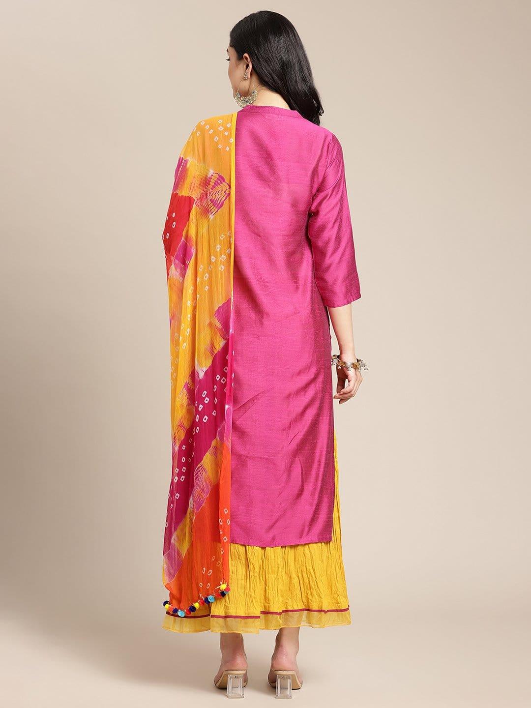 Fuchsia Silk Kurta With Mustard Flared Palazzo And Multi Color Bandhej Dupatta - Indiakreations