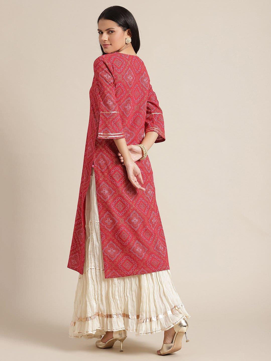 KSUT Red Bandhani Printed Kurta With Gota Work Embellishment On Yoke And Sleeves - Indiakreations