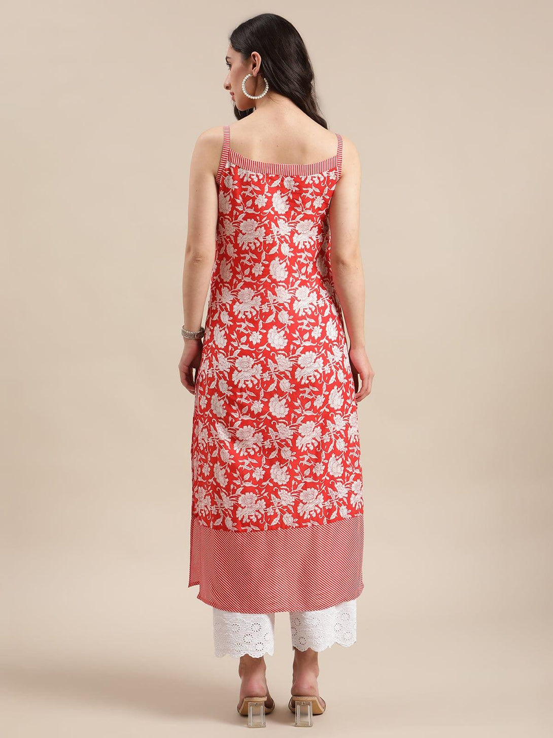 Orange And White Floral Printed Straight Kurta With Pom Pom Embellishment - Indiakreations