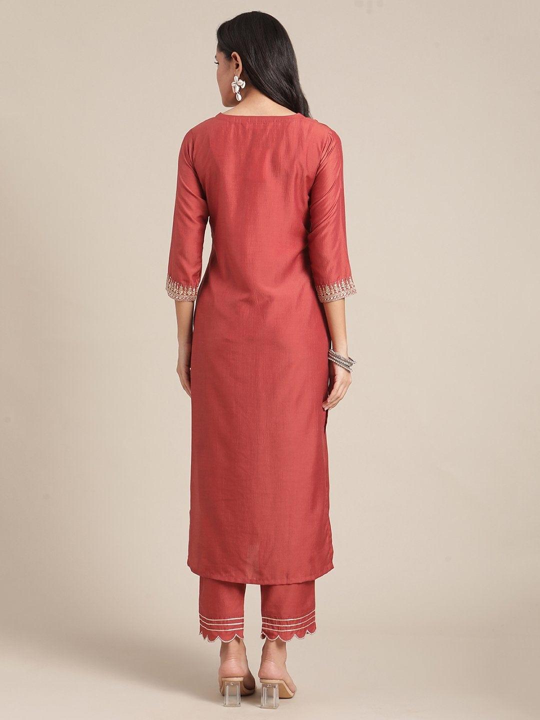 Rust Color Round Neckline Embroidred Straight Kurta With Emroidered Bottom - Indiakreations