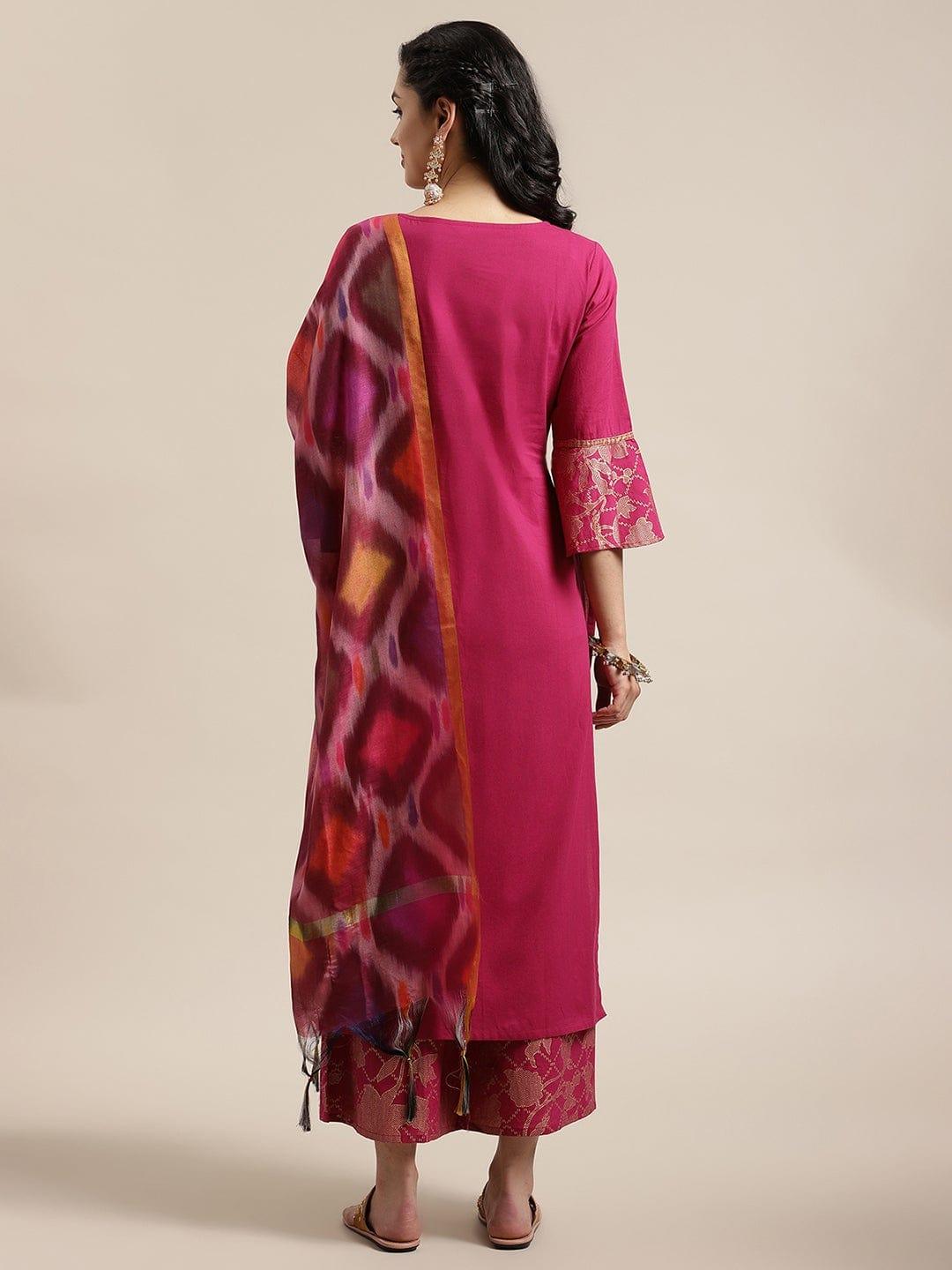 KSUT Magenta Ethnic Motifs Yoke Design Layered Pure Cotton Kurta with Palazzos & With Dupatta - Indiakreations