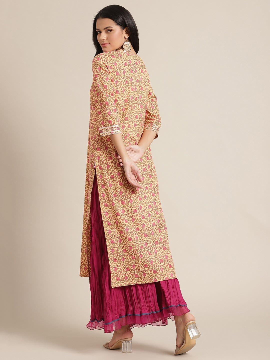 Yellow And Pink Floral Printed Straight Kurta With Round Neck And Gota Work - Indiakreations