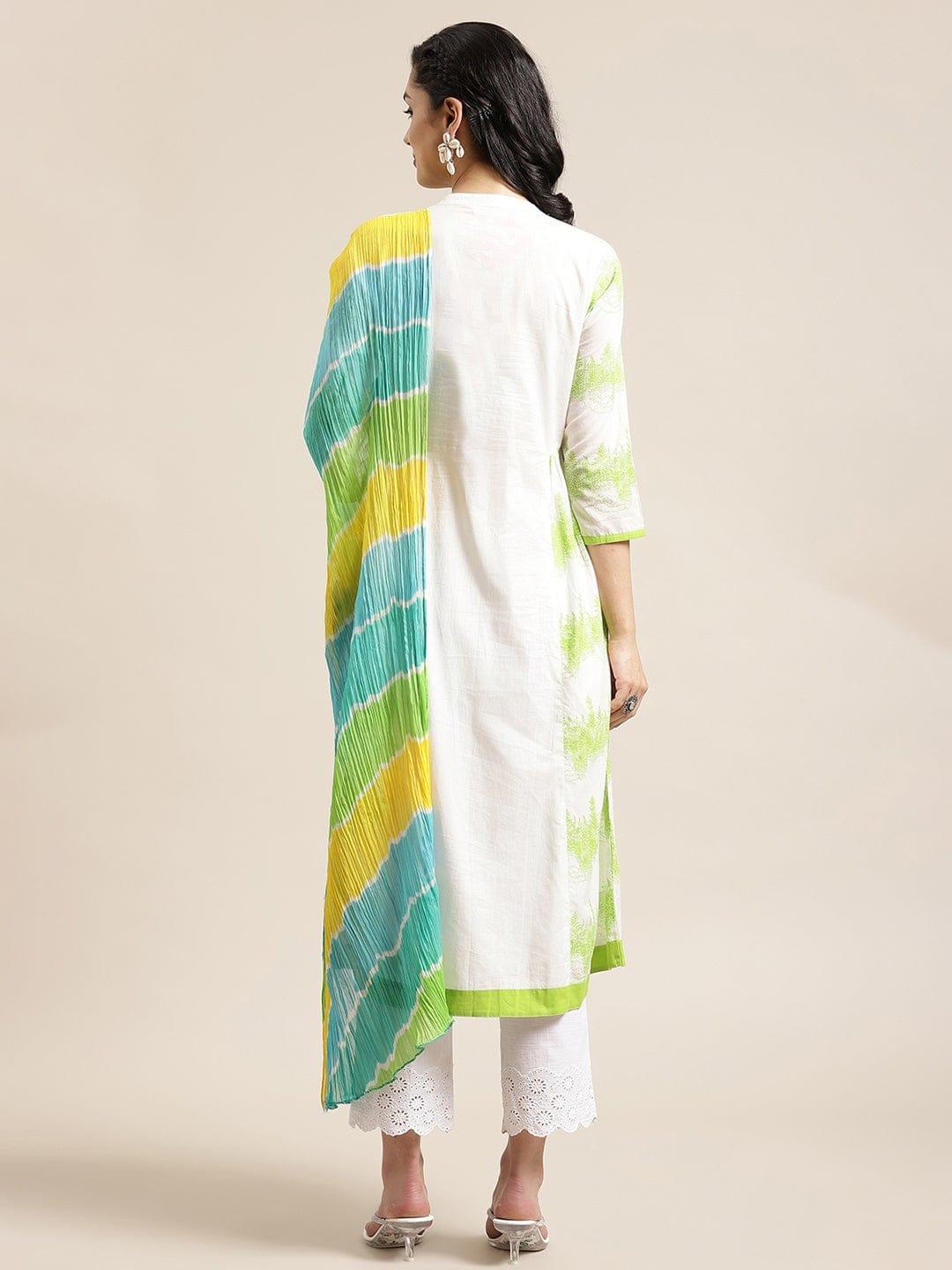 KSUT Off White Colourblocked Pleated Pure Cotton Kurta with Trousers & With Dupatta - Indiakreations