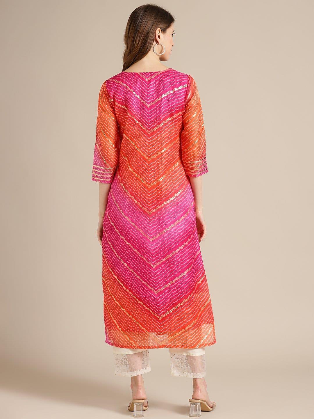 Pink And Orange bandhej foil printed kurta with off white silk and organza embroidered trouser - Indiakreations