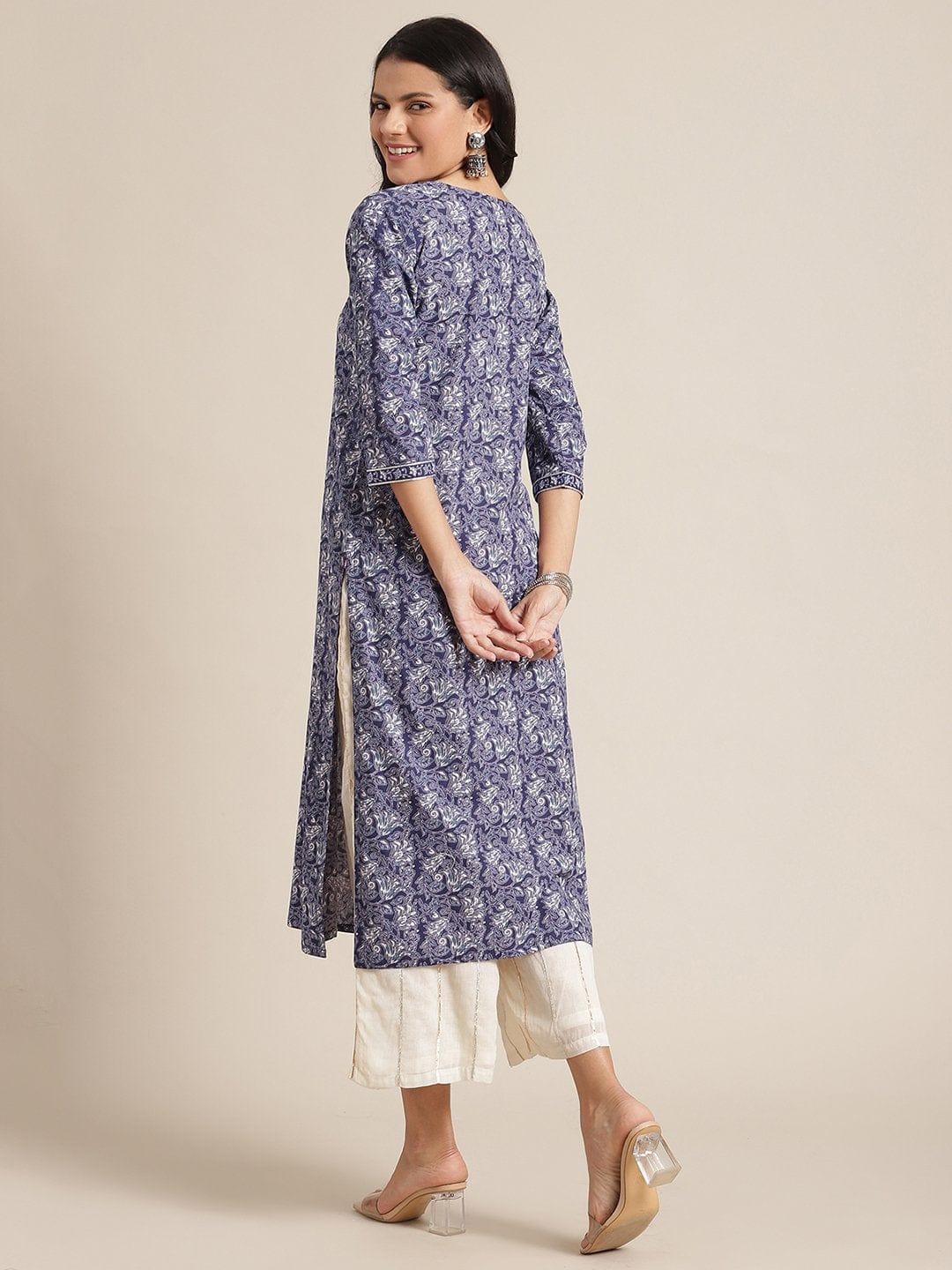 Floral Blue And White Printed Kurta With Gota Fan Work On Yoke And Gota Work On Sleeves - Indiakreations