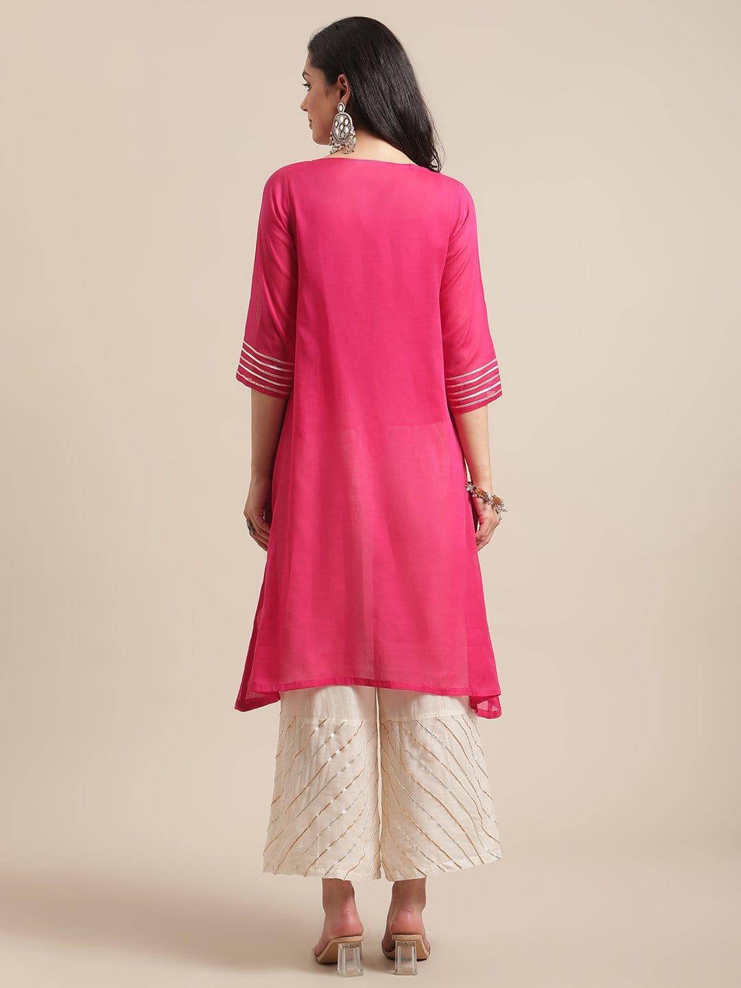 Fuchsia Gota Embellished Kurta With Off White Gota Embellished Palazzo - Indiakreations