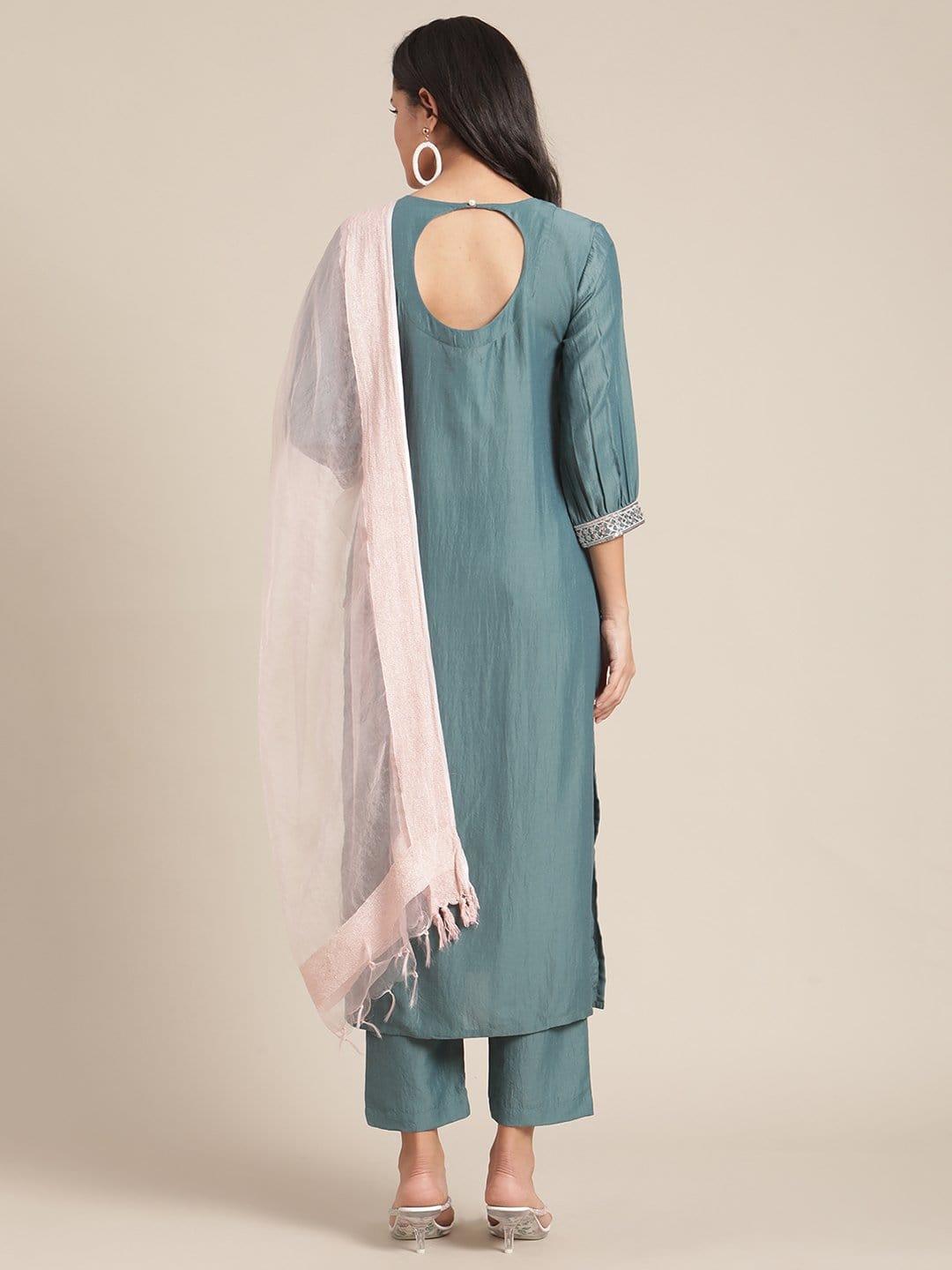 Teal Kurta With Yoke And Overall Buta Embroidery , Paired With Trouser And Pink Dupatta - Indiakreations