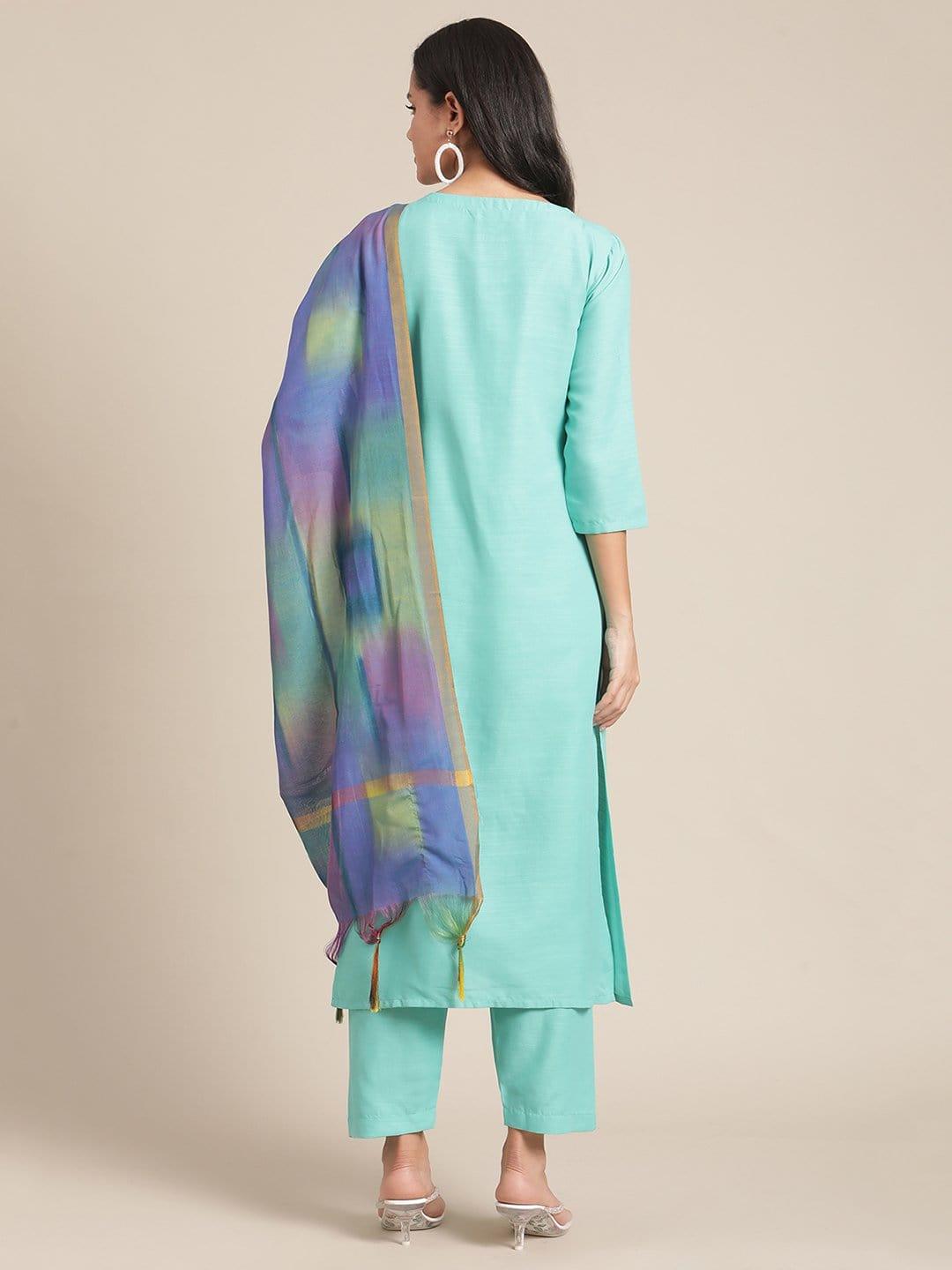 Sea Green Straight Kurta With Placket Embroidery Paired With Troser And Dupatta - Indiakreations