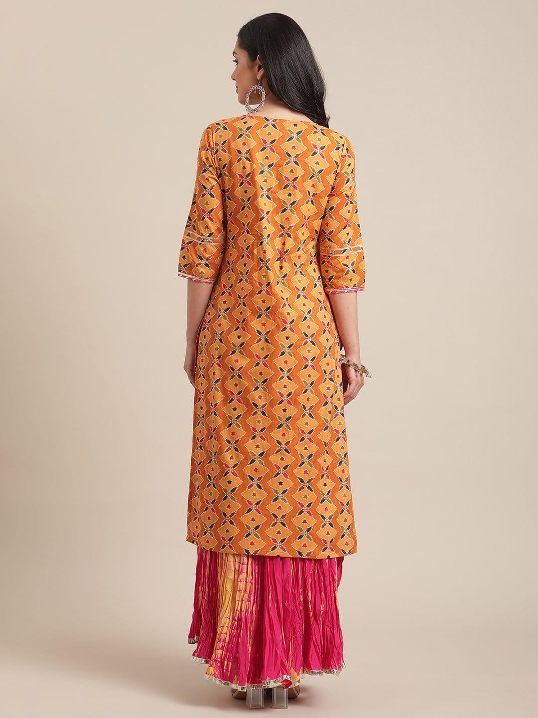 Mustard Abstract Printed Kurta With Gota Lace Embellished Yoke - Indiakreations