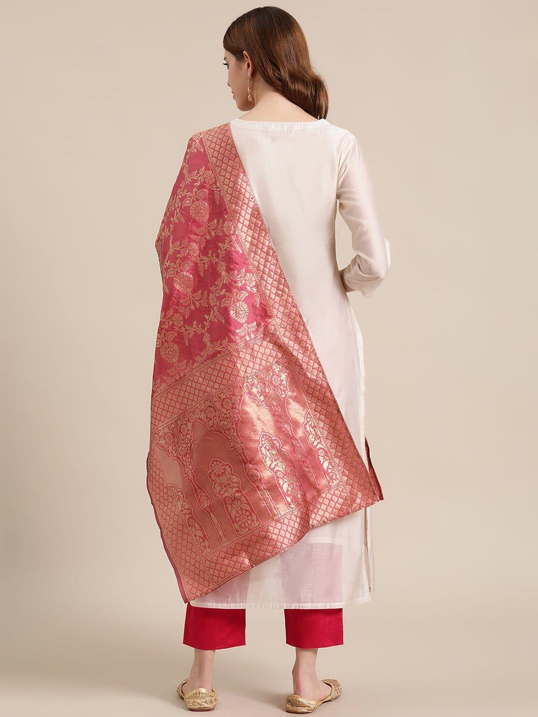 Off White And Pink Floral Embroidery Yoke With Pink Silk Trouser And Banarasi Dupatta - Indiakreations