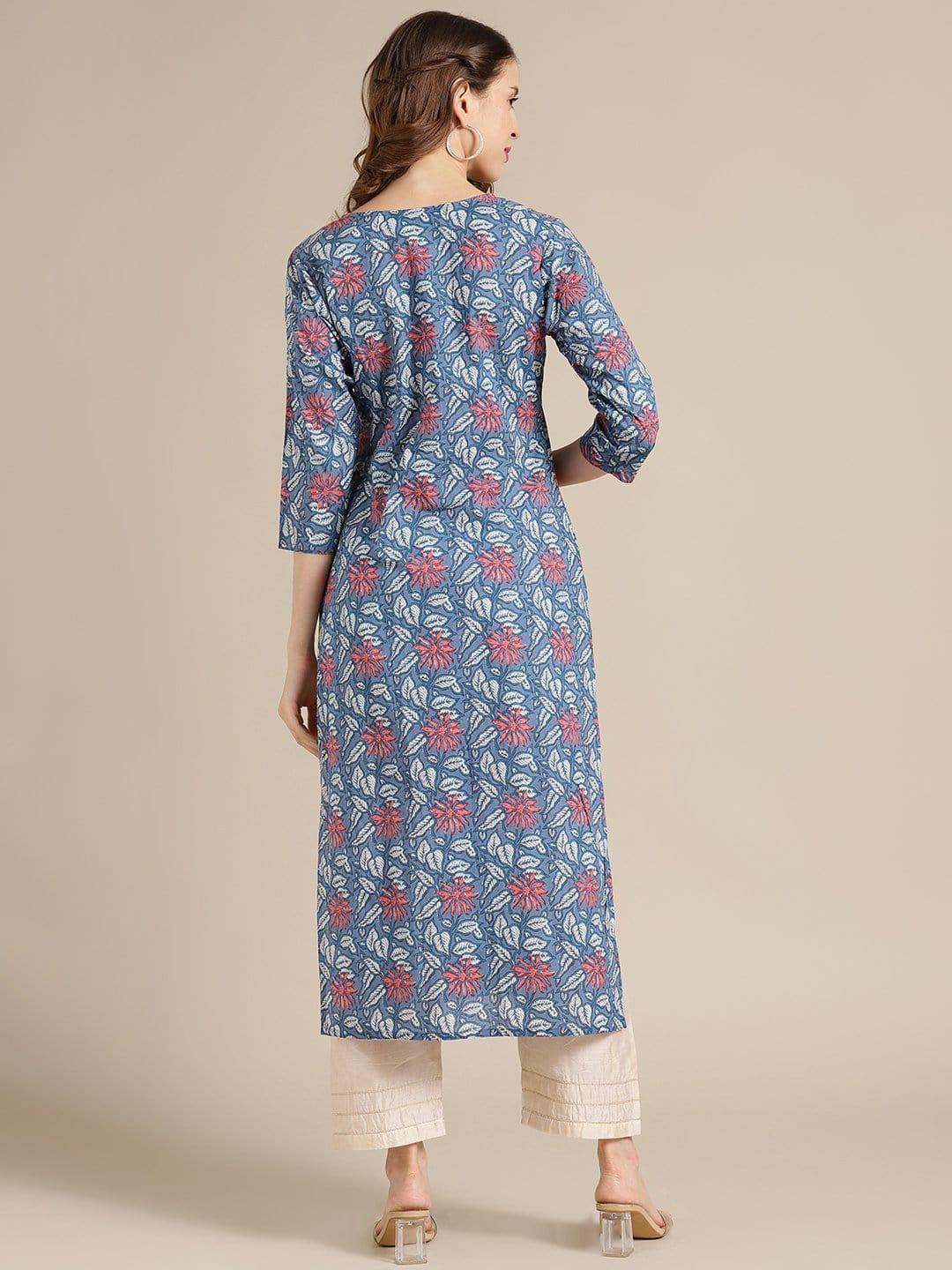 KSUT Blue And Pink Floral Printed Kurta With 3/4Th Sleeves - Indiakreations