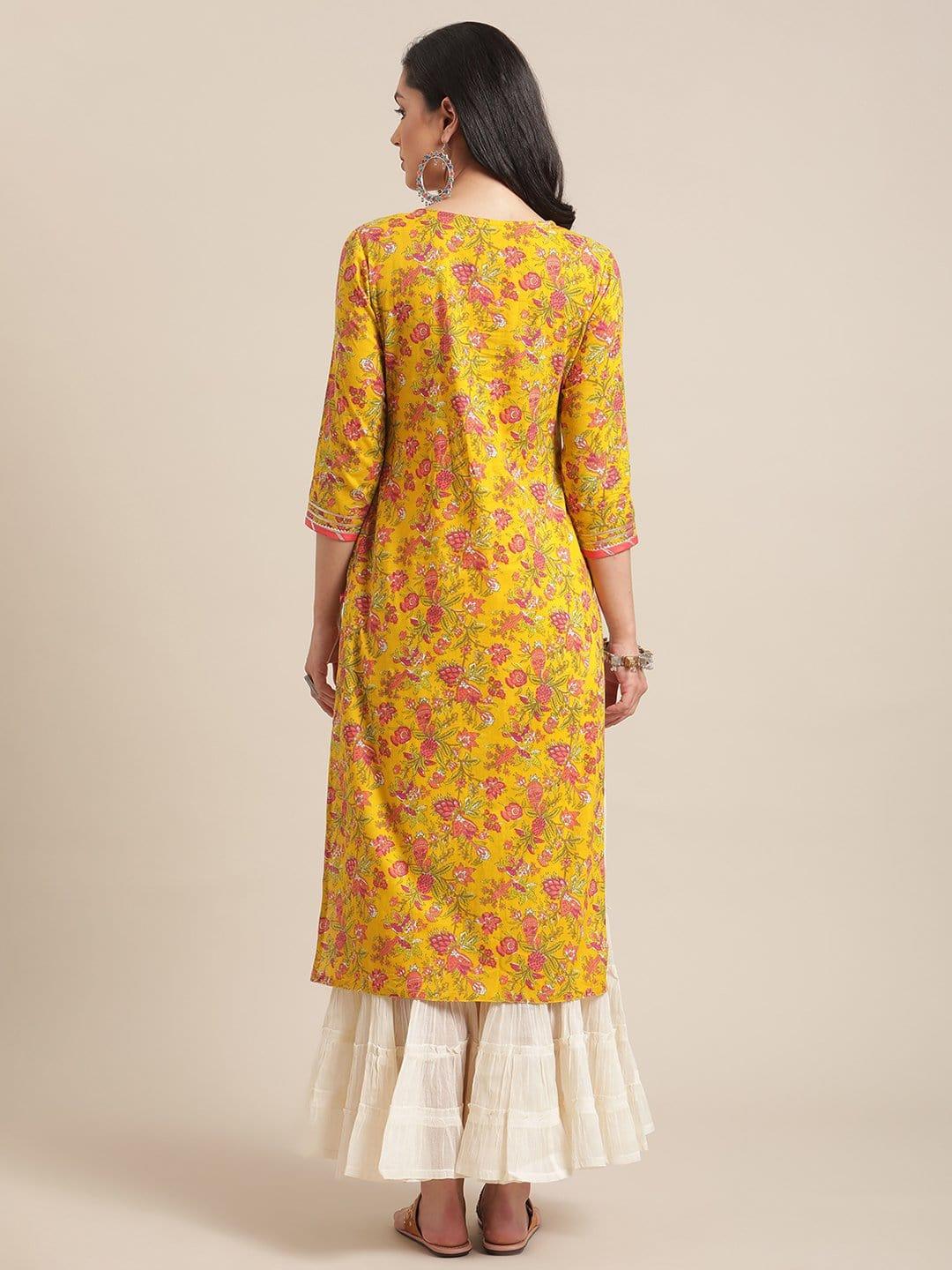 Yellow And Peach Straight Floral Printed Kurta With Round Neck And Having Gota Work On Yoke - Indiakreations