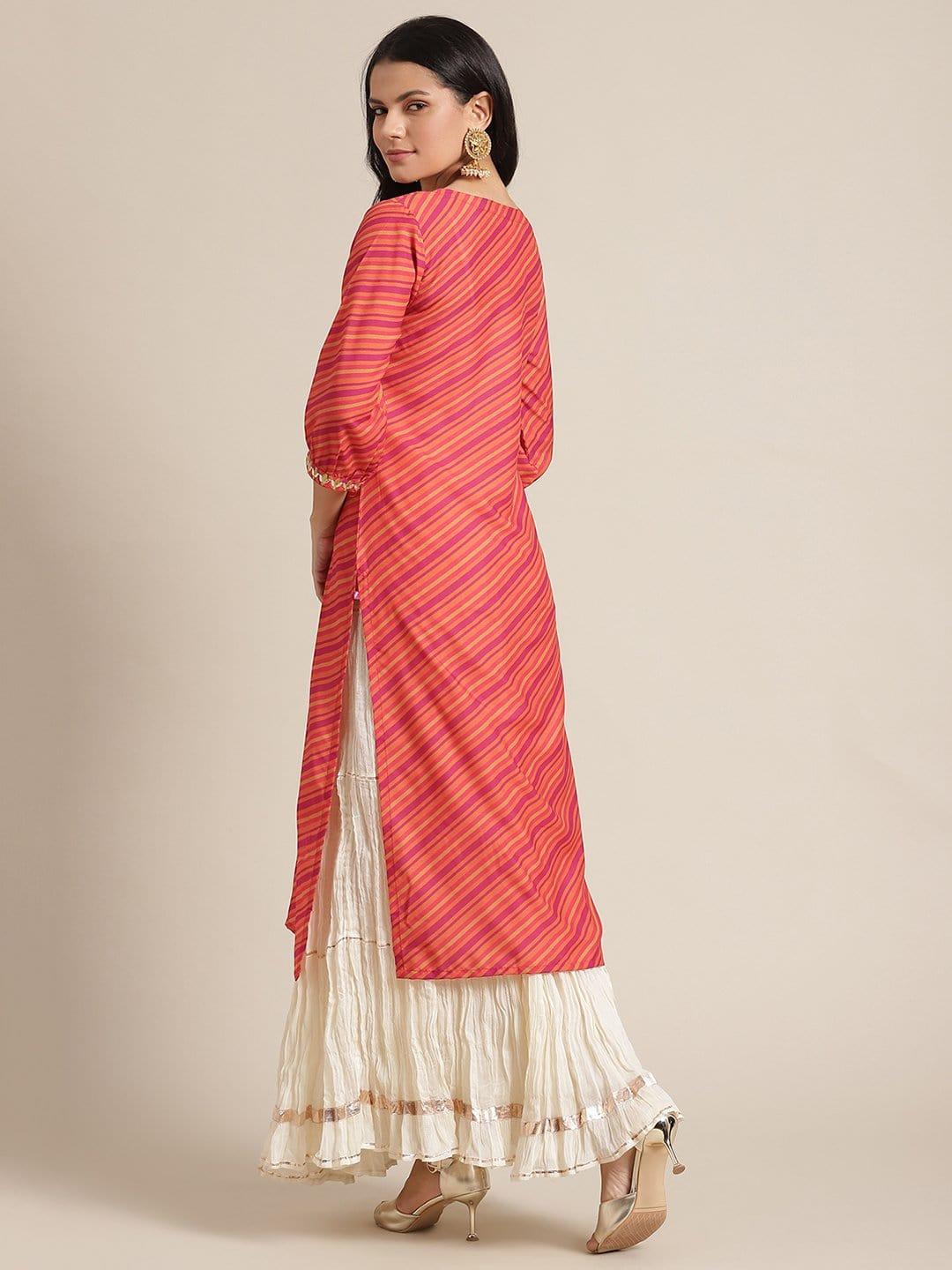 KSUT Ksut Orange Leheriya Kurta With Gota Patti,Zari And Silk Threads Embroidery On Yoke - Indiakreations