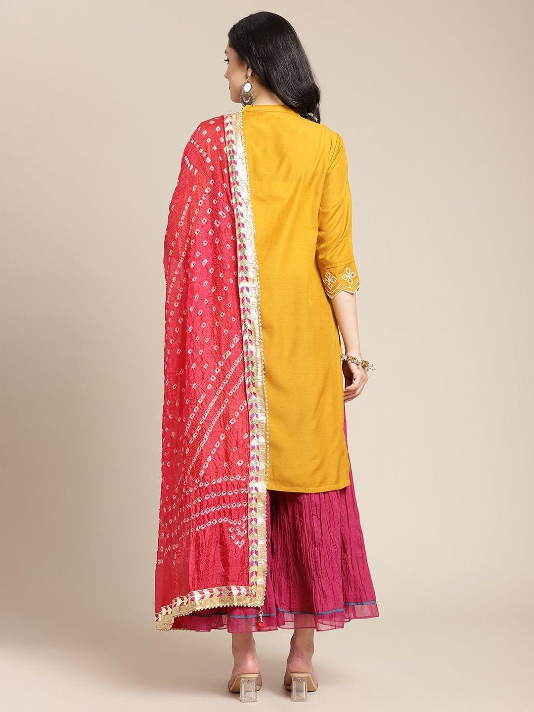 Mustard Dori Embroidery Kurta With Pink Flared Palazzo And Bandhej Tye & Dye Dupatta - Indiakreations