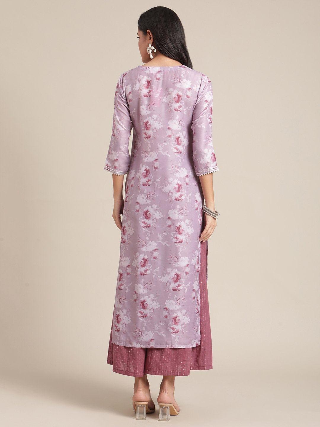 Mauve Floral Printed And Gota Embellished Yoke And Sleeves Kurta - Indiakreations