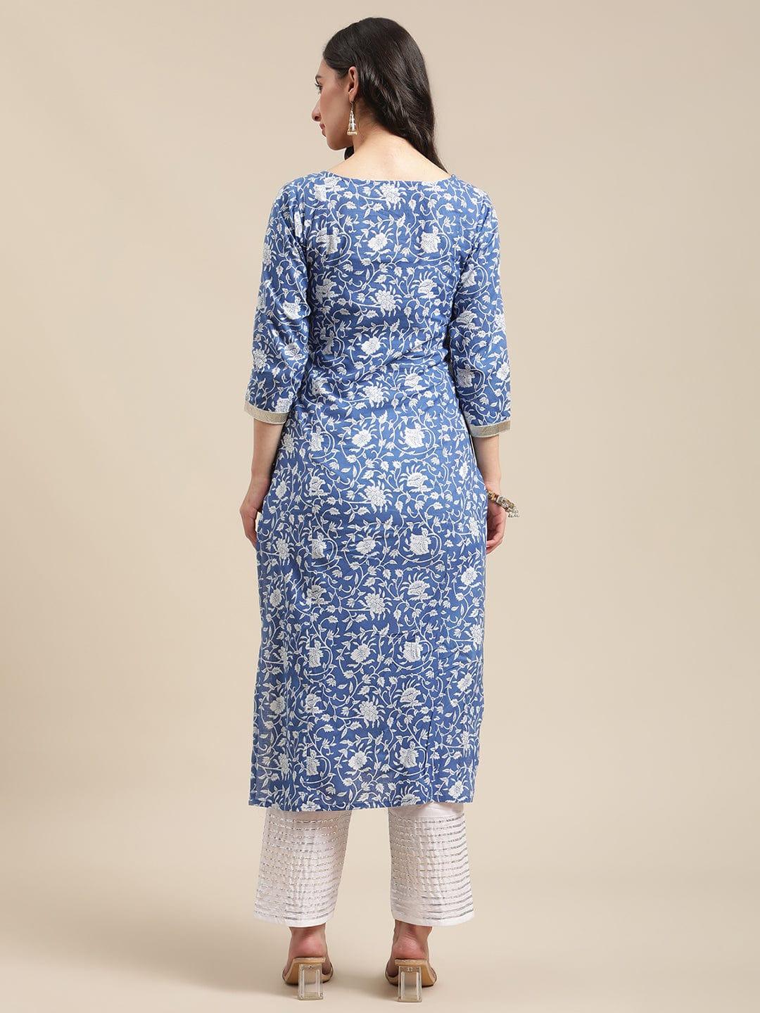 Blue and White Floral Gota Embellished Kurta with white gota work Trouser - Indiakreations