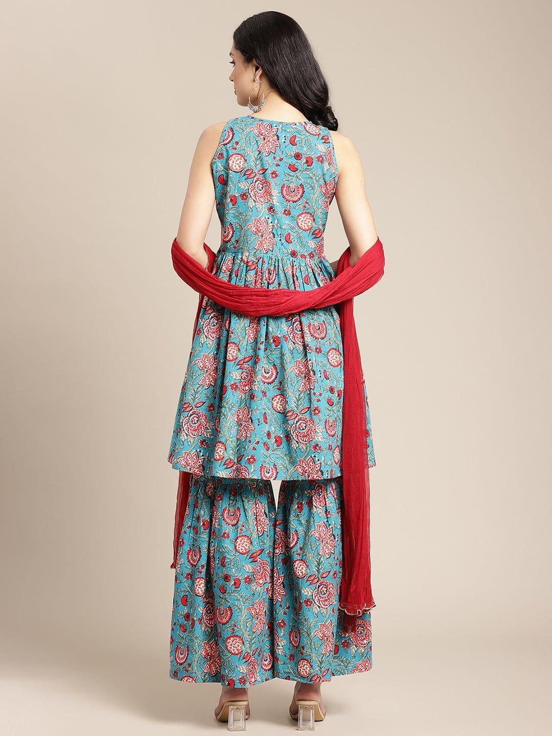 Blue And Red Floral Printed Flared Sleeveless Kurta Paired With Sharara And D Dupatta - Indiakreations