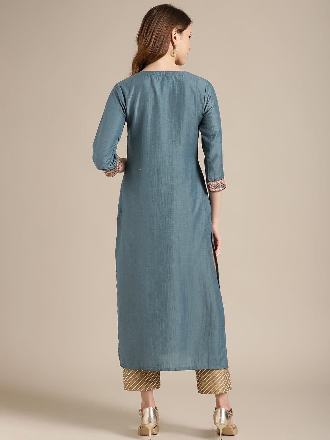 Teal Flared Round Neck Kurta With Embroidery And Gotta Patti - Indiakreations